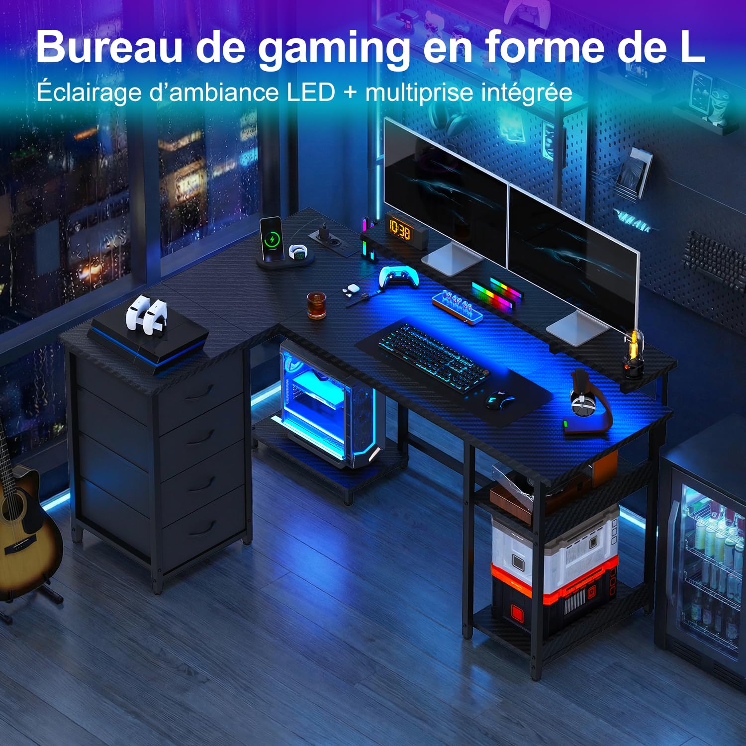 JUMMICO Bureau d'angle en Forme de L 135 cm avec lumières LED, Noir
