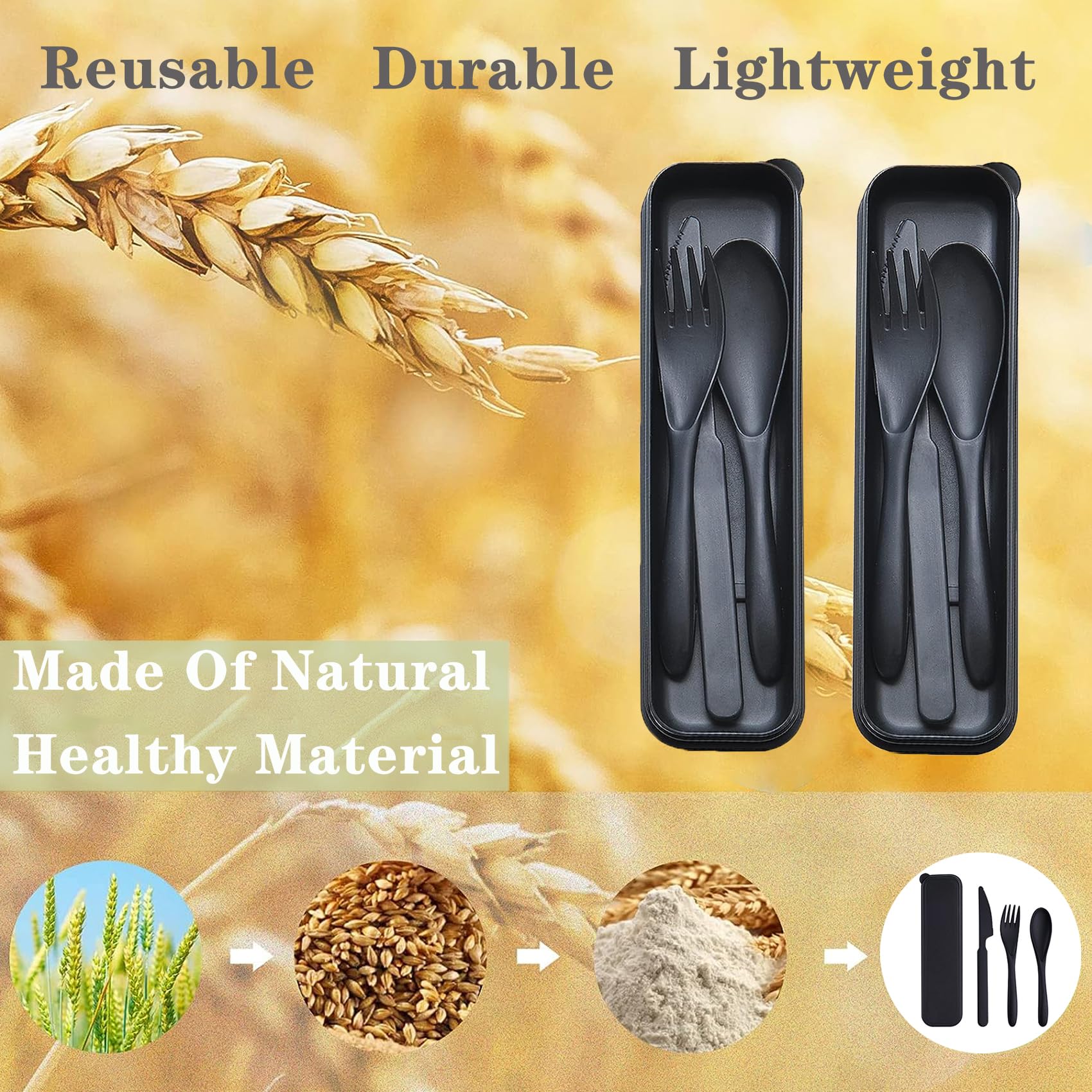 Reusable Travel Utensils Set with Case, 2 Sets Wheat Straw Portable Plastic Fork Spoons Knife Cutlery, Camping Eco-Friendly BPA Free Tableware for Kids Adults Work Picnic or Daily Use (Black)