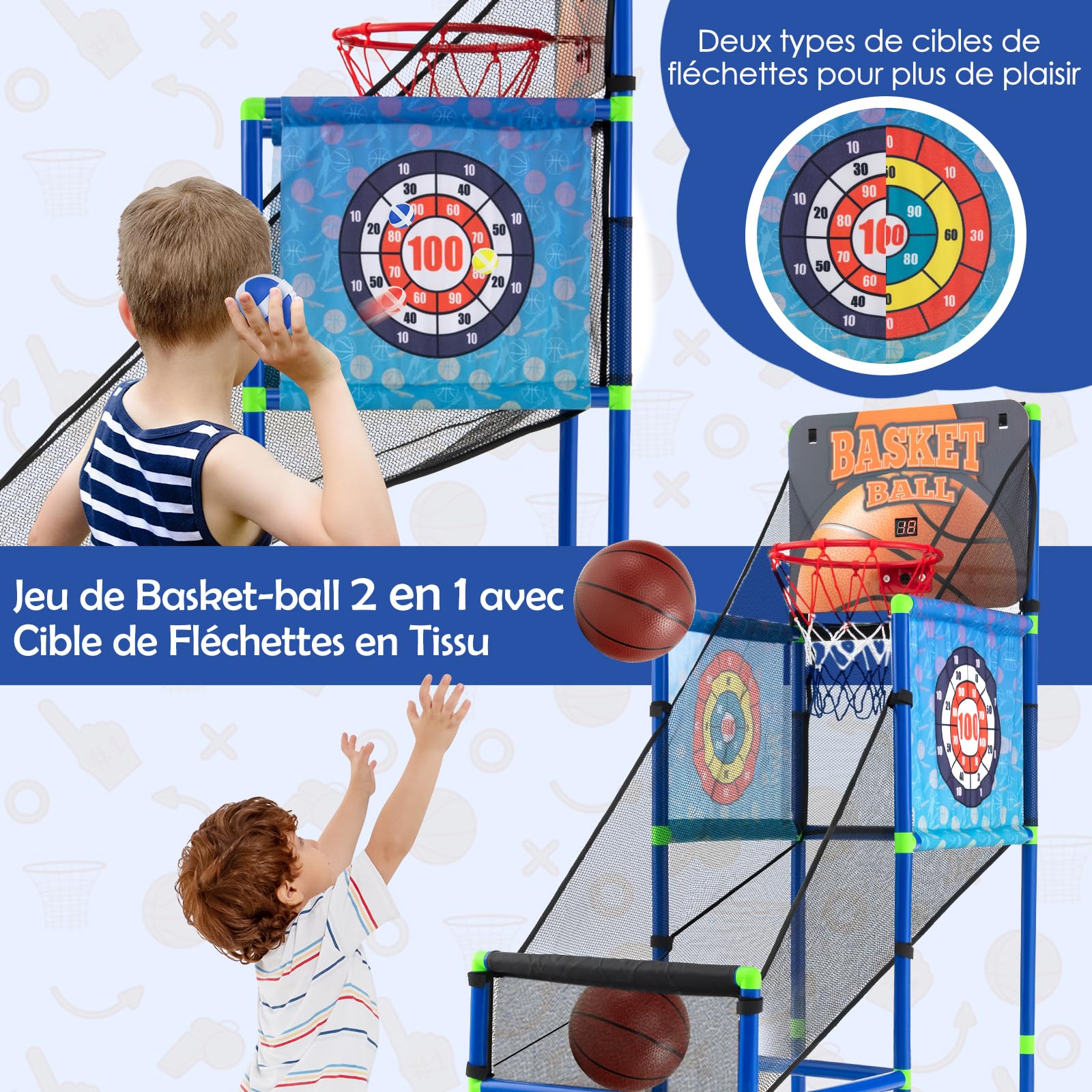 GYMAX Panier de Basket pour Enfants, Jeu de Basket et de Tir 2 en 1, avec Tableau de Score Sonore & 2 Ballons & 2 Cibles & 8 Balles & Pompe à Balle, pour Intérieur/Extérieur