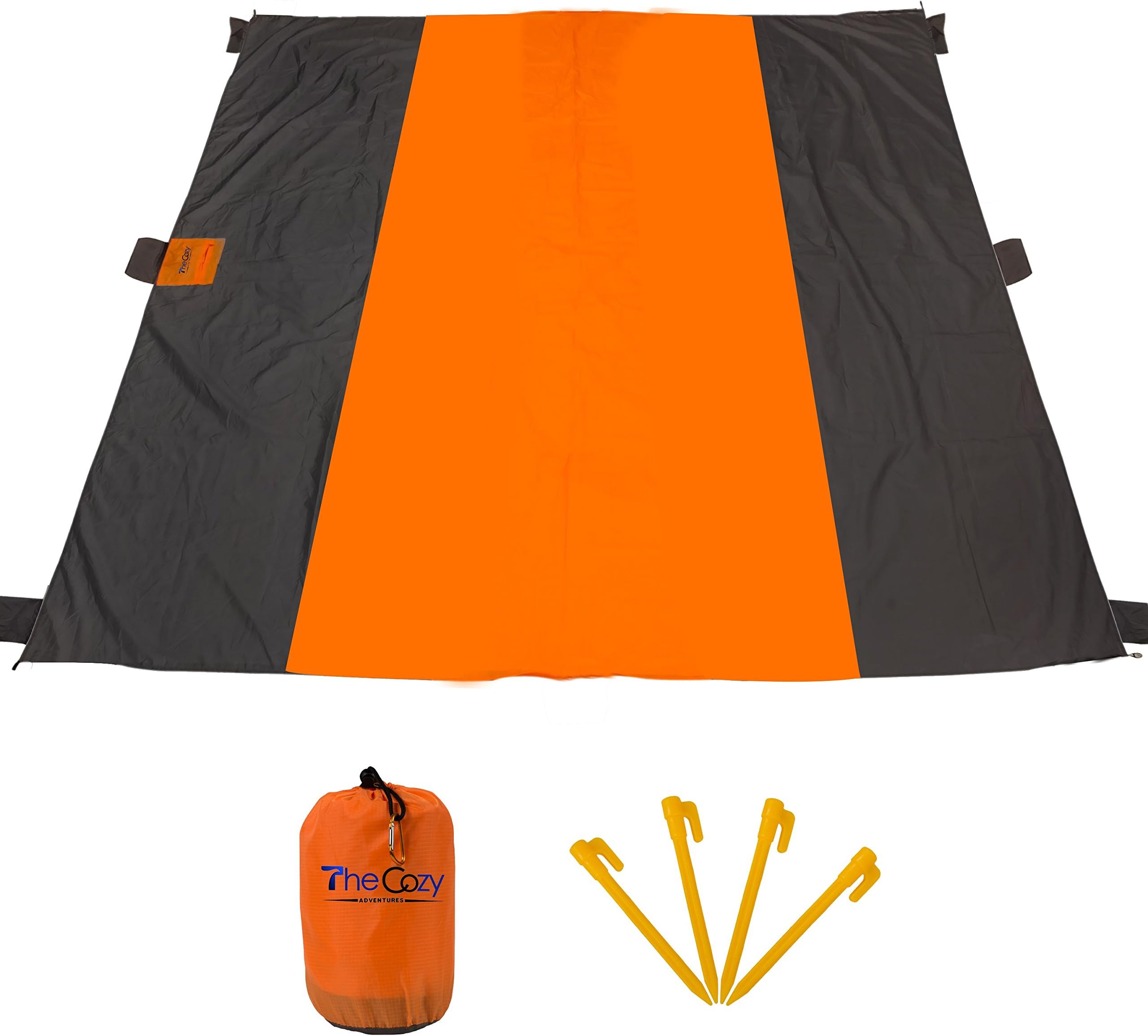 Sand Free Compact Beach Blanket - Extra Large - 10'X9' - Pocket Picnic Sheet For Outdoor Multiple Use | Best Mat For Travel & Festivals, Soft & Quick Drying Pocket With 4 Portable Hiking Sticks