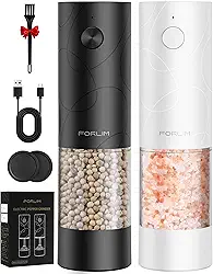 FORLIM Conjunto de moedor elétrico de sal e pimenta, recarregável por USB, moedor automático de sal e pimenta com capa contra poeira, controle de um botão, grossura ajustável, luz LED branca (2