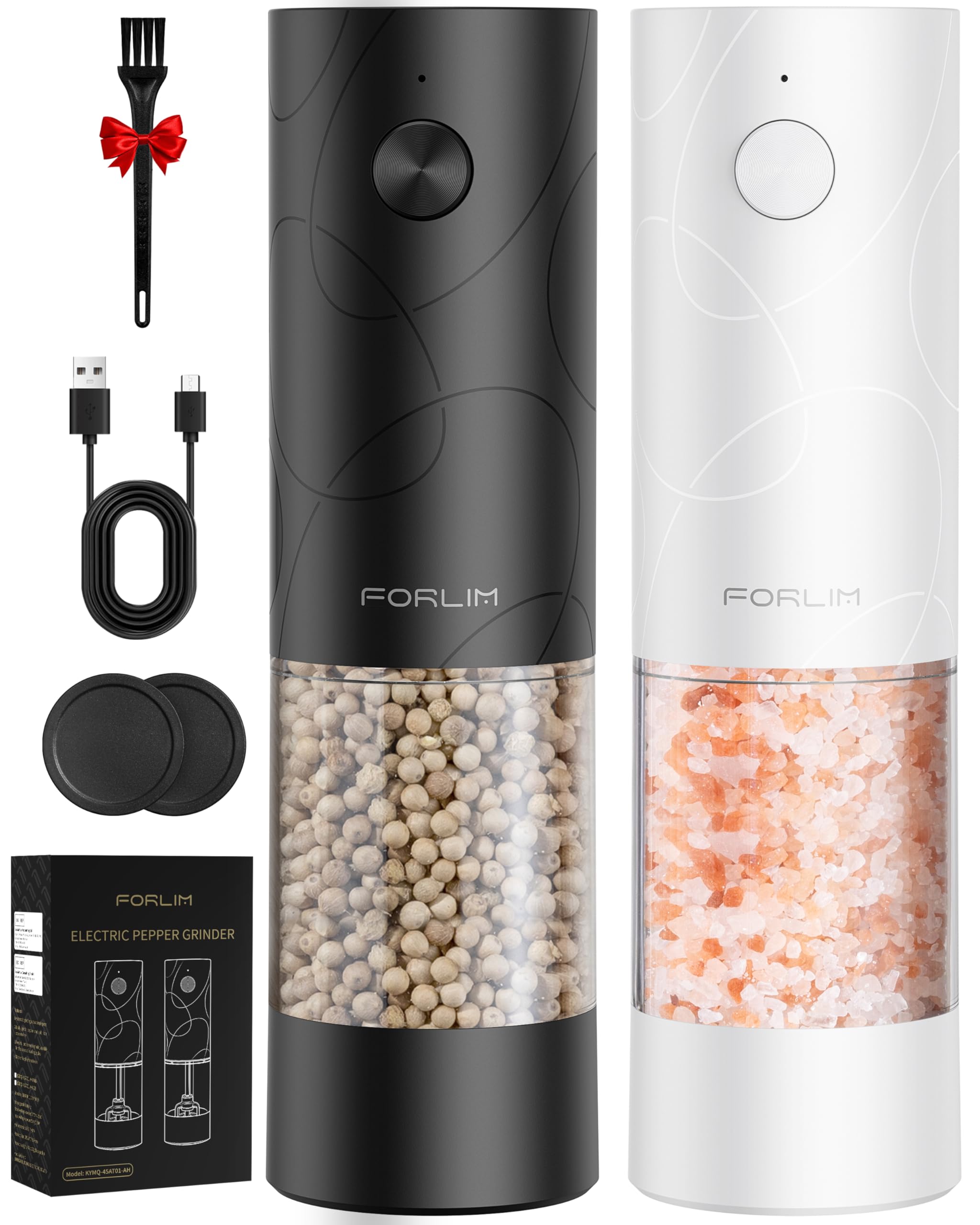 forlim electric salt and pepper grinder set usb rechargeable automatic salt pepper mill grinder with dust cover one-button control adjustable coarseness warm led light 2 packs blackampwhite