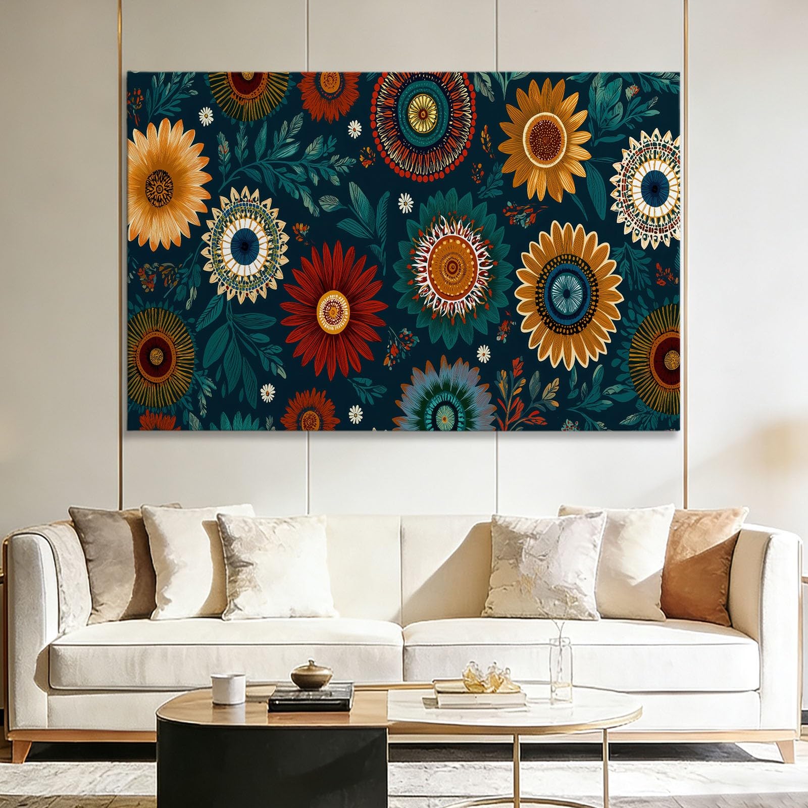 Boho Geometrisch Blumen Gänseblümchen Modernes Leinwandbild 120L x 60B cm mit Rahmen, Vintage XXL Wanddeko für Wohnzimmer Geschenk Idee Einzug - Hochwertiger Kunstdruck auf Holzrahmen