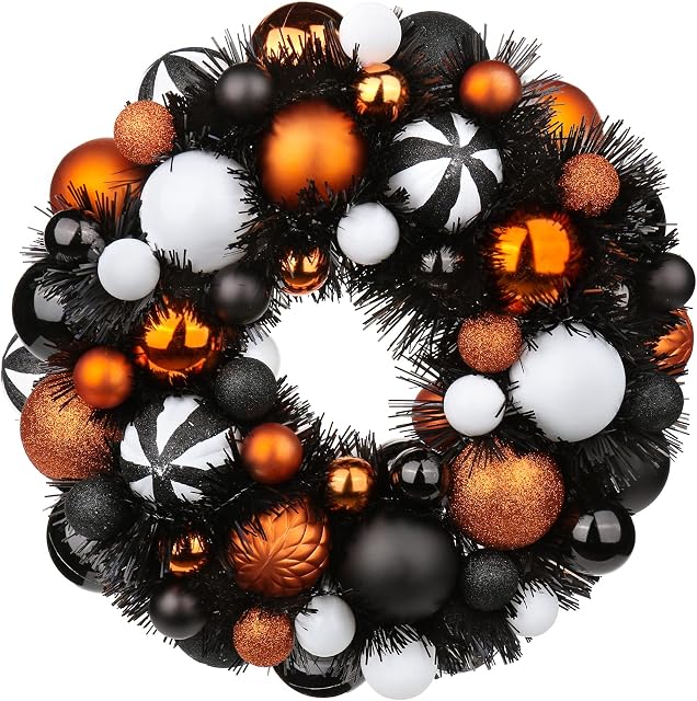 Wieniec na Halloween, 33 cm, dekoracja na Halloween, wieniec na drzwi wejściowe, wieniec powitalny, dekoracja na Halloween, nietłukąca się bombka na Halloween, świąteczny wieniec bożonarodzeniowy na