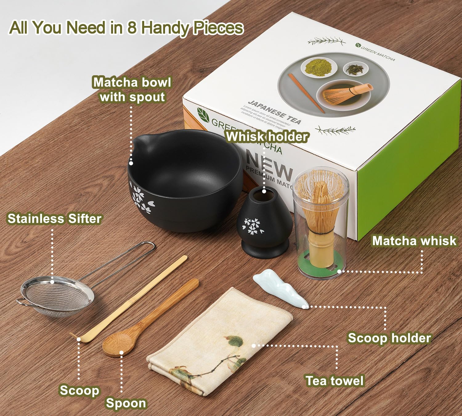Zestaw Matcha | Zestaw do herbaty Matcha | Miska Matcha z dzióbkiem | akcesoria matcha 8-częściowe do ceremonii Matcha i Latte, prezent MatchaTea dla miłośników Matcha
