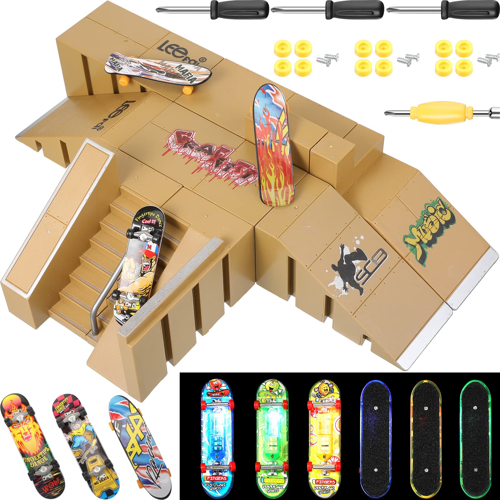 Photo 1 of 13 Pcs Finger Skateboard Ramp Kit, 6 Lighted Tech Skatepark Finger Skateboards and 3 Mini Finger Skateboard Mini Skateboards Toys Training Gift, Orange, Green, Blue
