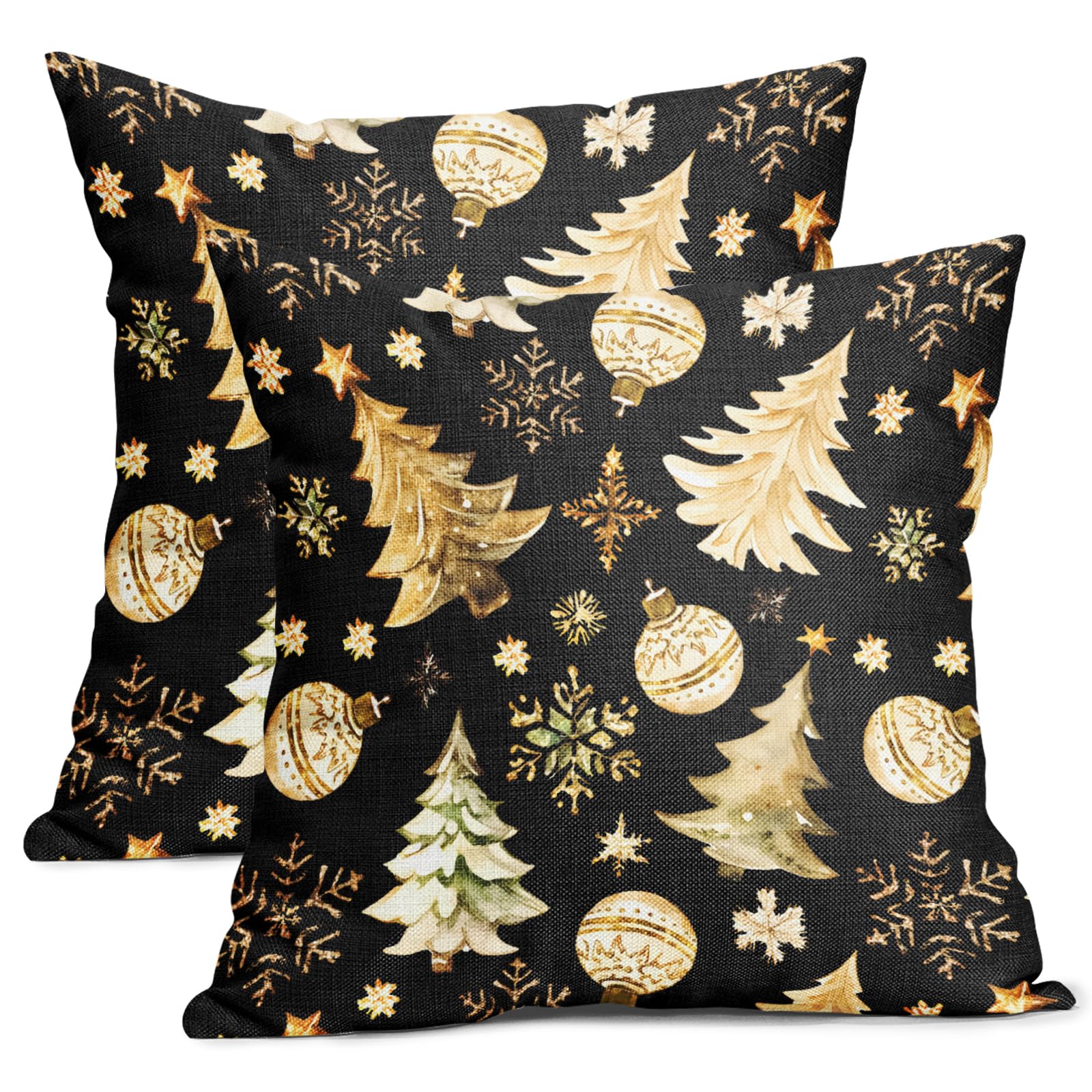 Kawani Christmas Black Pillow Covers 18X18 Inch Gold Xmas Tree Snowflakes Decorative Pillow Cases Set of 2 Winter Holiday Throw Pillows Farmhouse Home