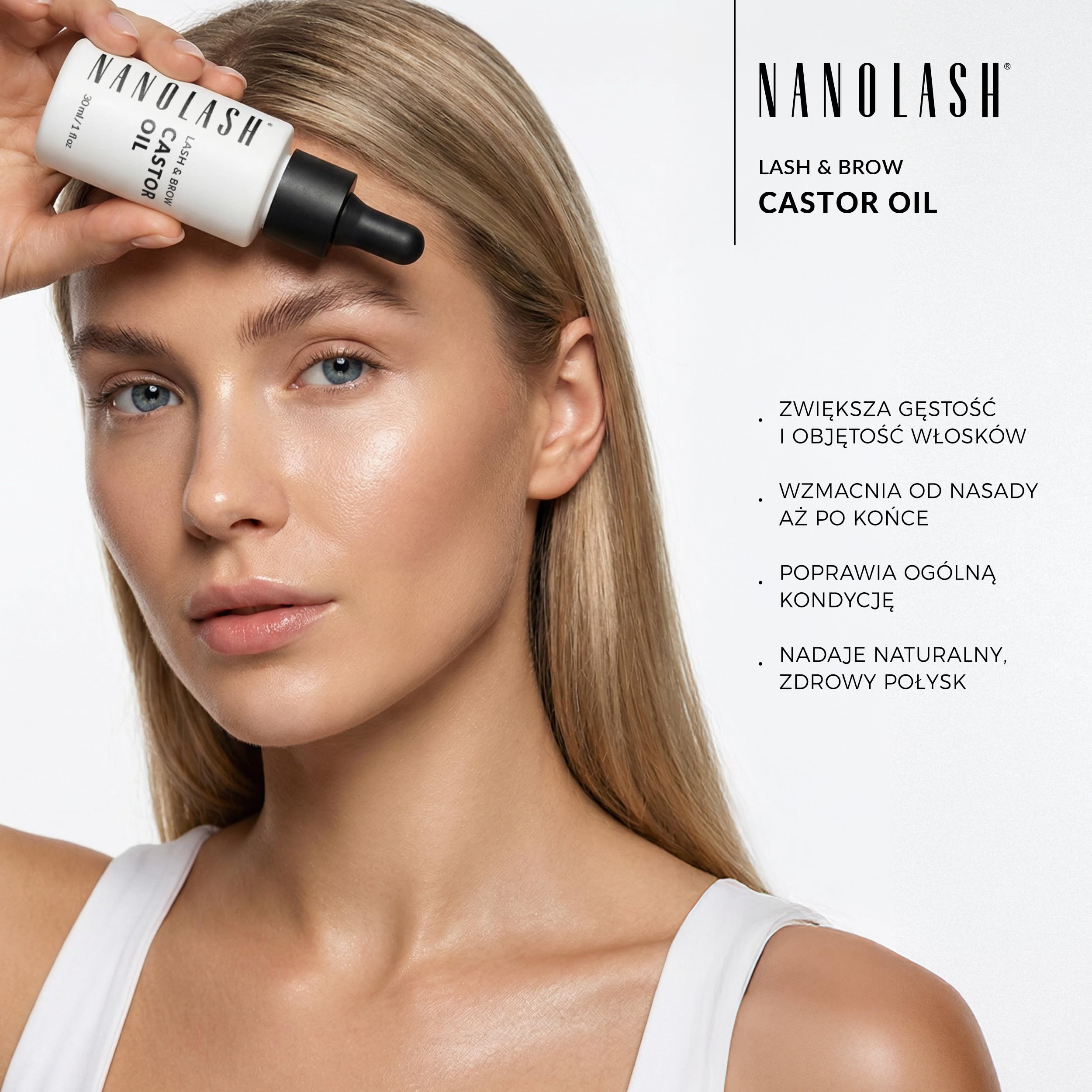Olejek rycynowy Nanolash 30 ml - 100% naturalny, zimnotłoczony i nierafinowany olejek do rzęs i brwi, przyśpiesza wzrost rzęs, olej rycynowy z aplikatorem