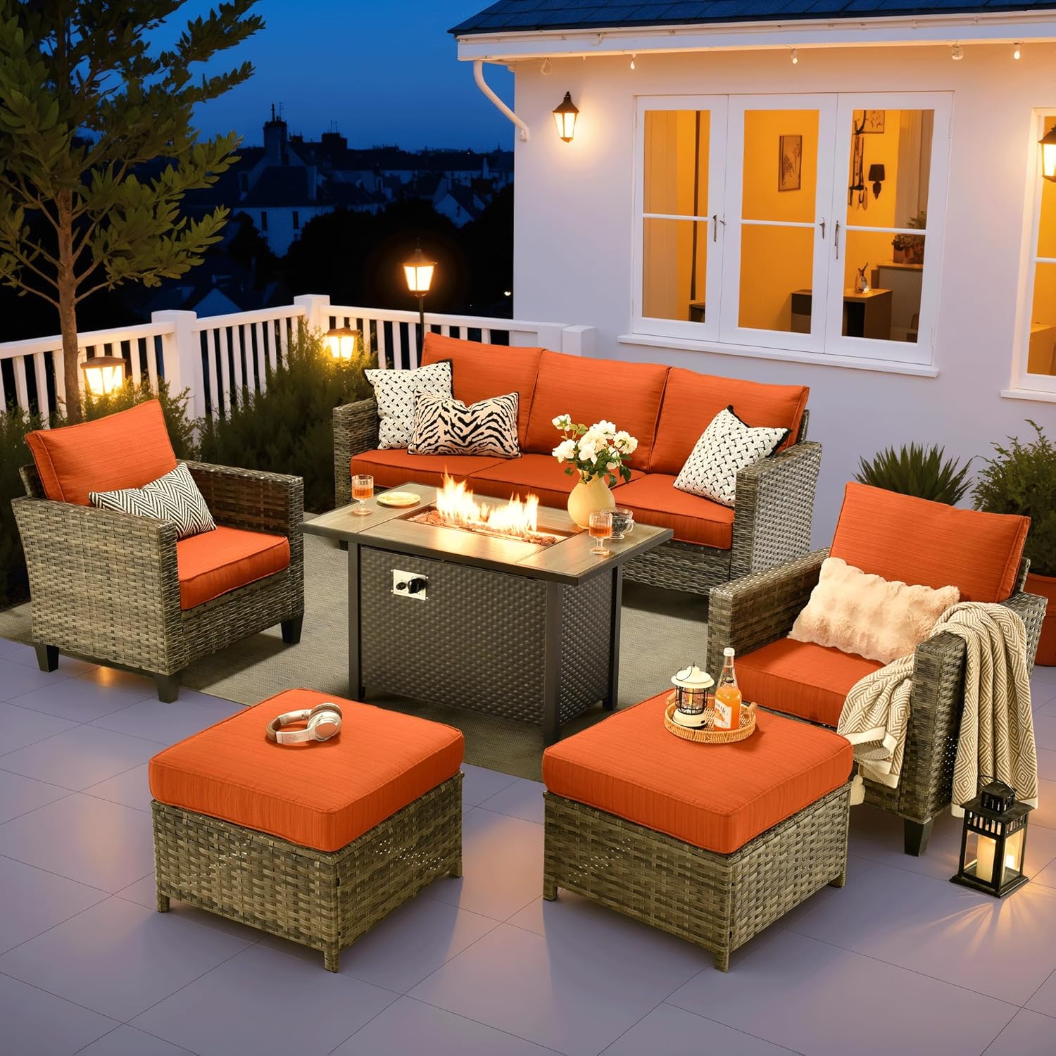 ovios Patio Furniture Set, 6 Pieces Outdoor Wicker Sofa Couch with Fire Pit Table, Ottomans and Comfy Cushions, All Weather High Back Rattan Conversation Set, Orange Red