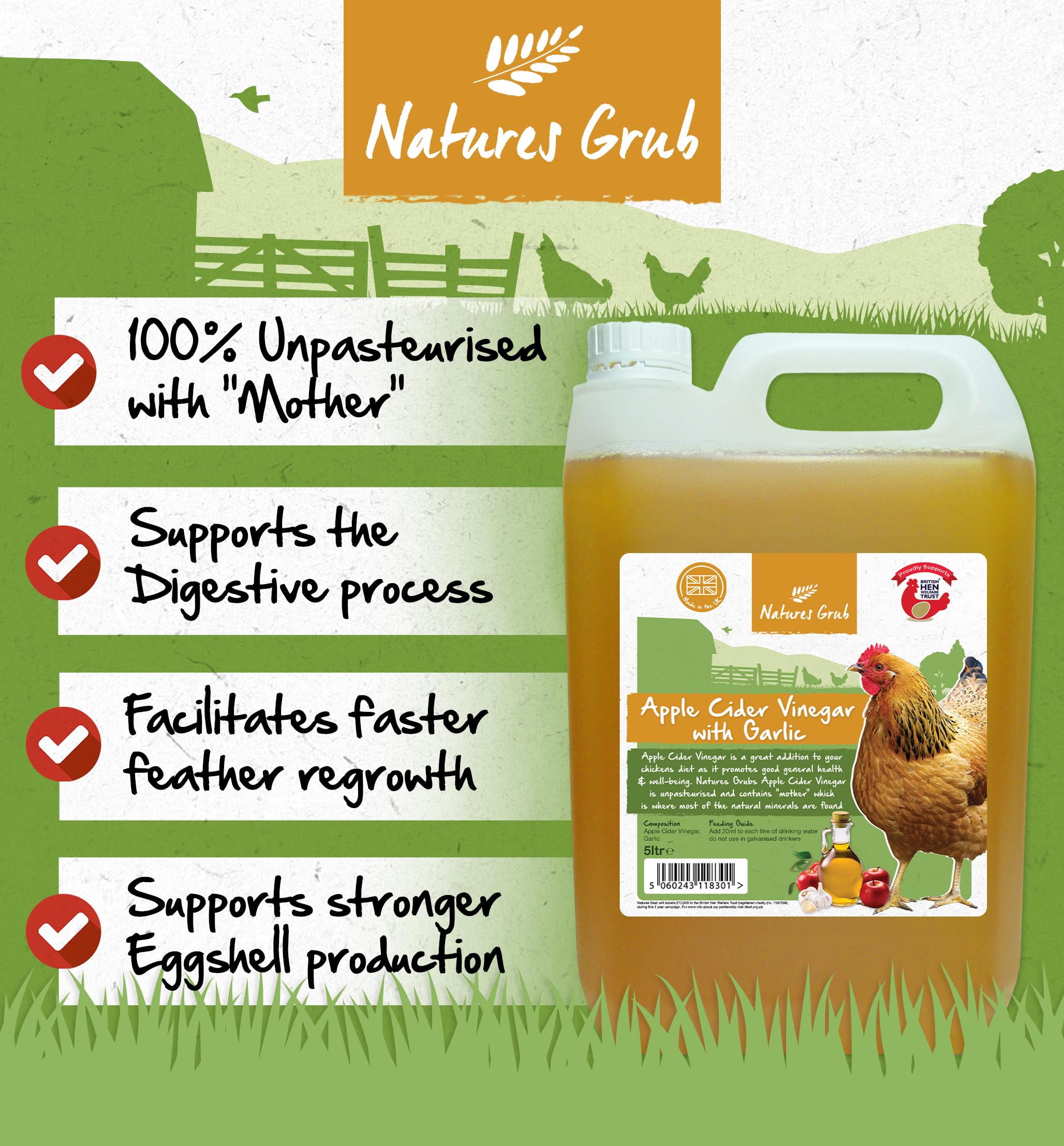 Natures Grub Apfelessig mit Knoblauch, 1 l, natürliches Nahrungsergänzungsmittel für Hühner und Geflügel, Verdauungsunterstützung, nicht pasteurisiert mit Mutter, Parasitenabwehr, hergestellt in