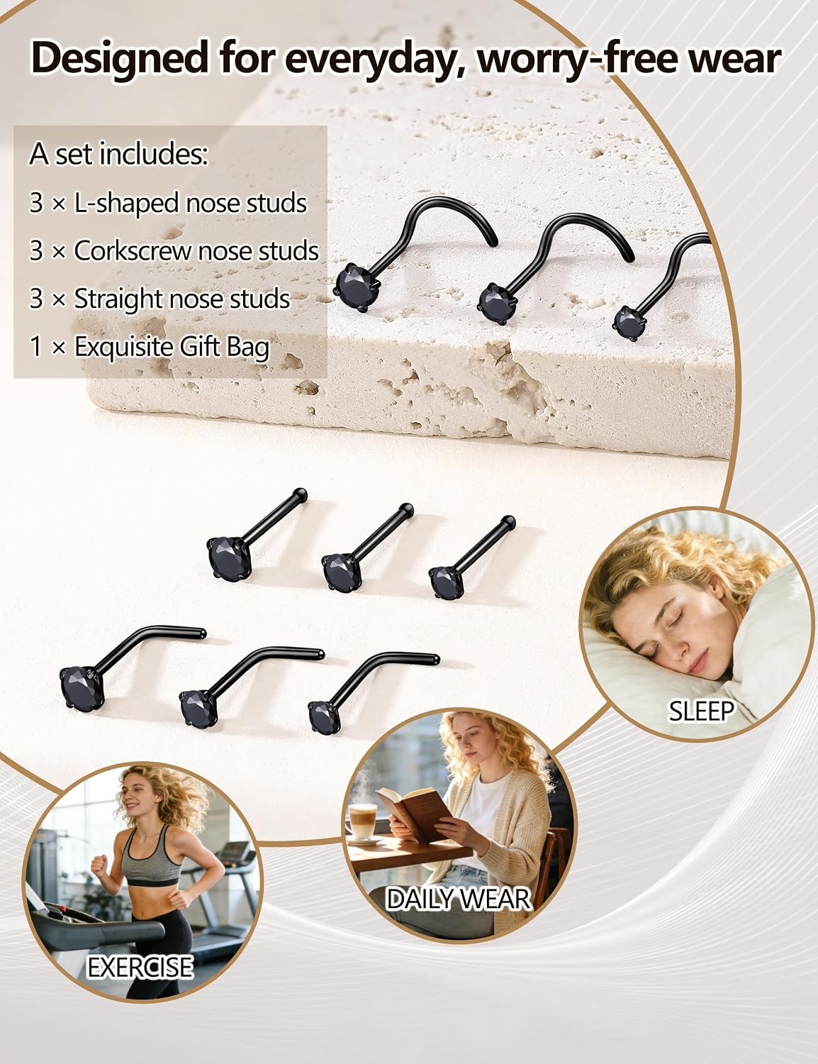 9 Pcs Titanium Nose Studs Set Black, 20G Nose Rings for Women Men Sensitive Skin - L Shaped & Straight & Corkscrew Nose Rings Studs, 2mm-3mm Diamond CZ Nose Stud, Nostril Nose Piercing Jewelry