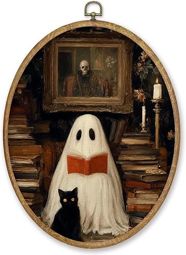 CGBHW Halloween Ghost Black Cat Reading Oval Wall Art Prints Decor 8.6x11.4
