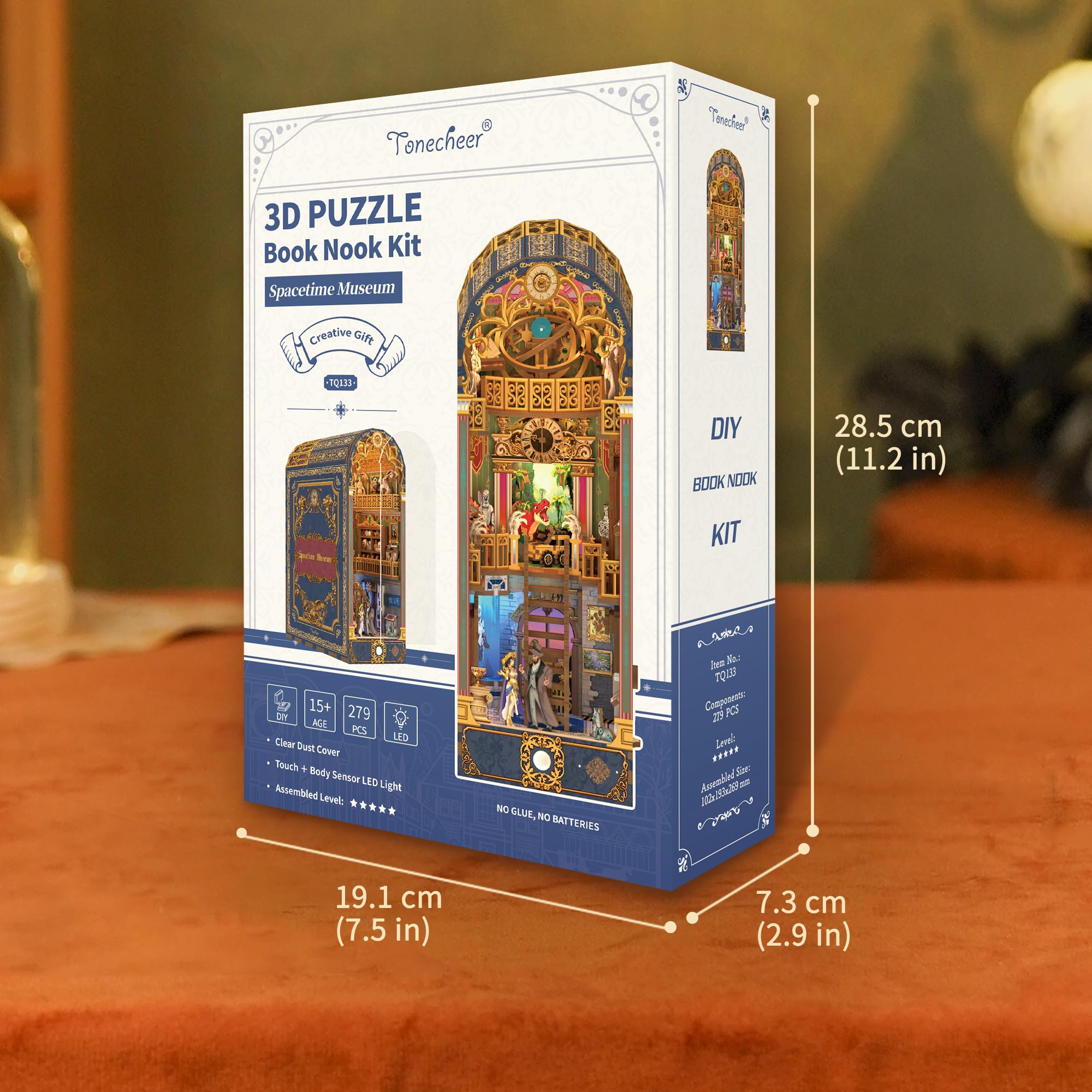 Tonecheer Zestaw do samodzielnego wykonania z osłoną przeciwpyłową i oświetleniem LED, drewniane puzzle 3D, ruchome i obrotowe części, kreatywna dekoracja regału na książki, wyjątkowy prezent dla