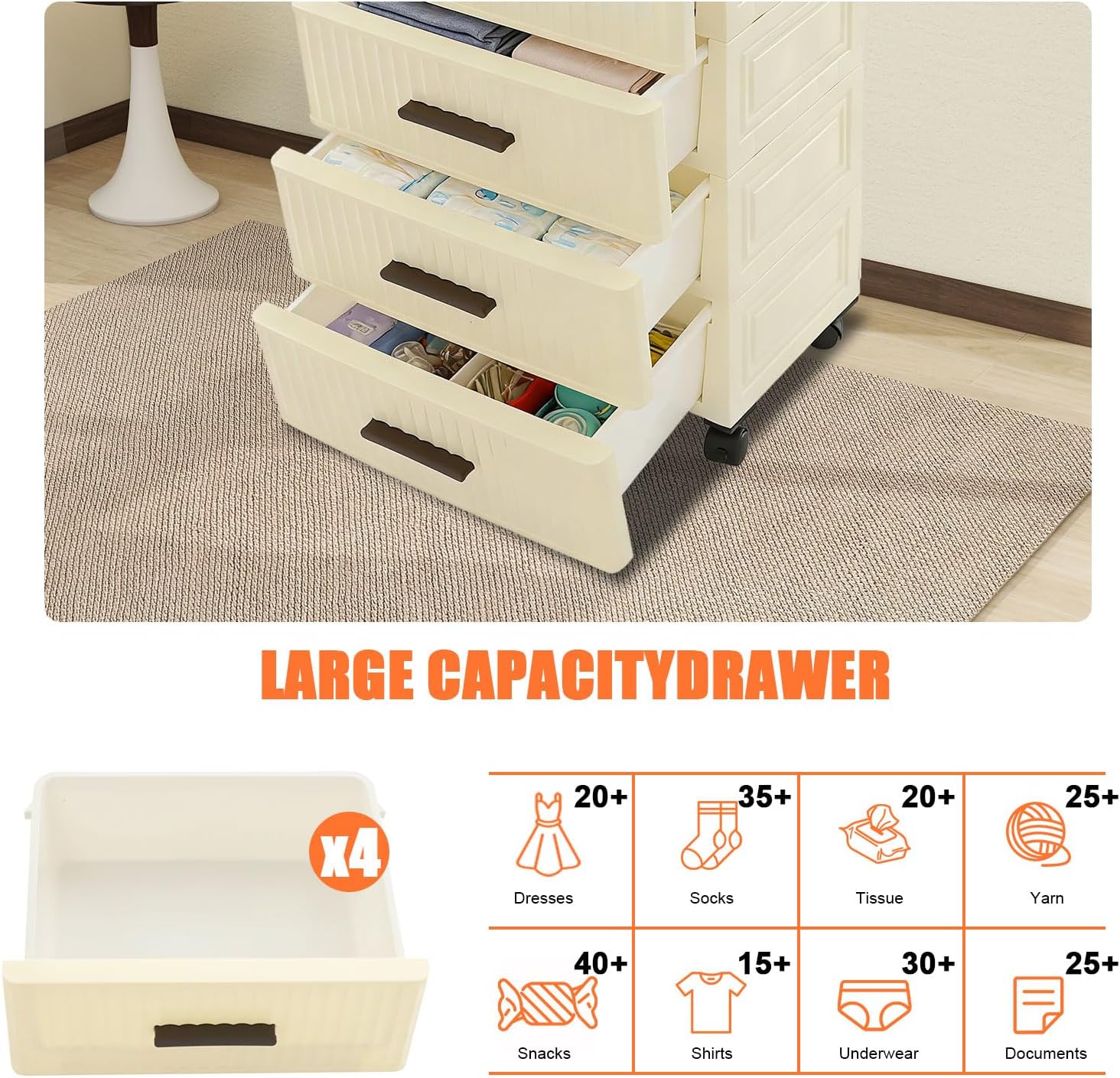 Peakor 4-Tier Storage Organizer Cart with 4 Sealed Drawers & 2 Lockable Wheels, Mobile Organizer Multi-Purpose Rolling Drawers for Kitchen Office Bedroom, Creamy Beige