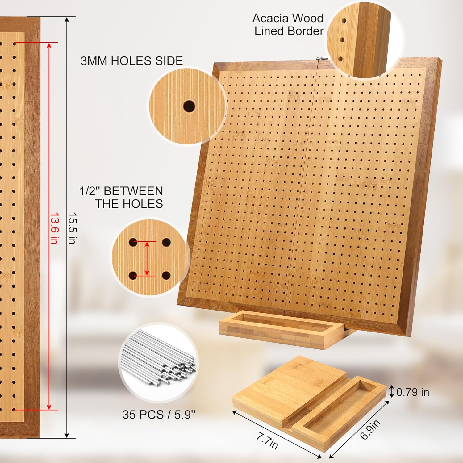 15.5" Foldable Crochet Blocking Board with 35 Stainless Steel Pegs - Upgrade Large Blocking Boards for Crochet Projects, Bamboo Granny Square Crocheting Accessories Gifts for Crocheters