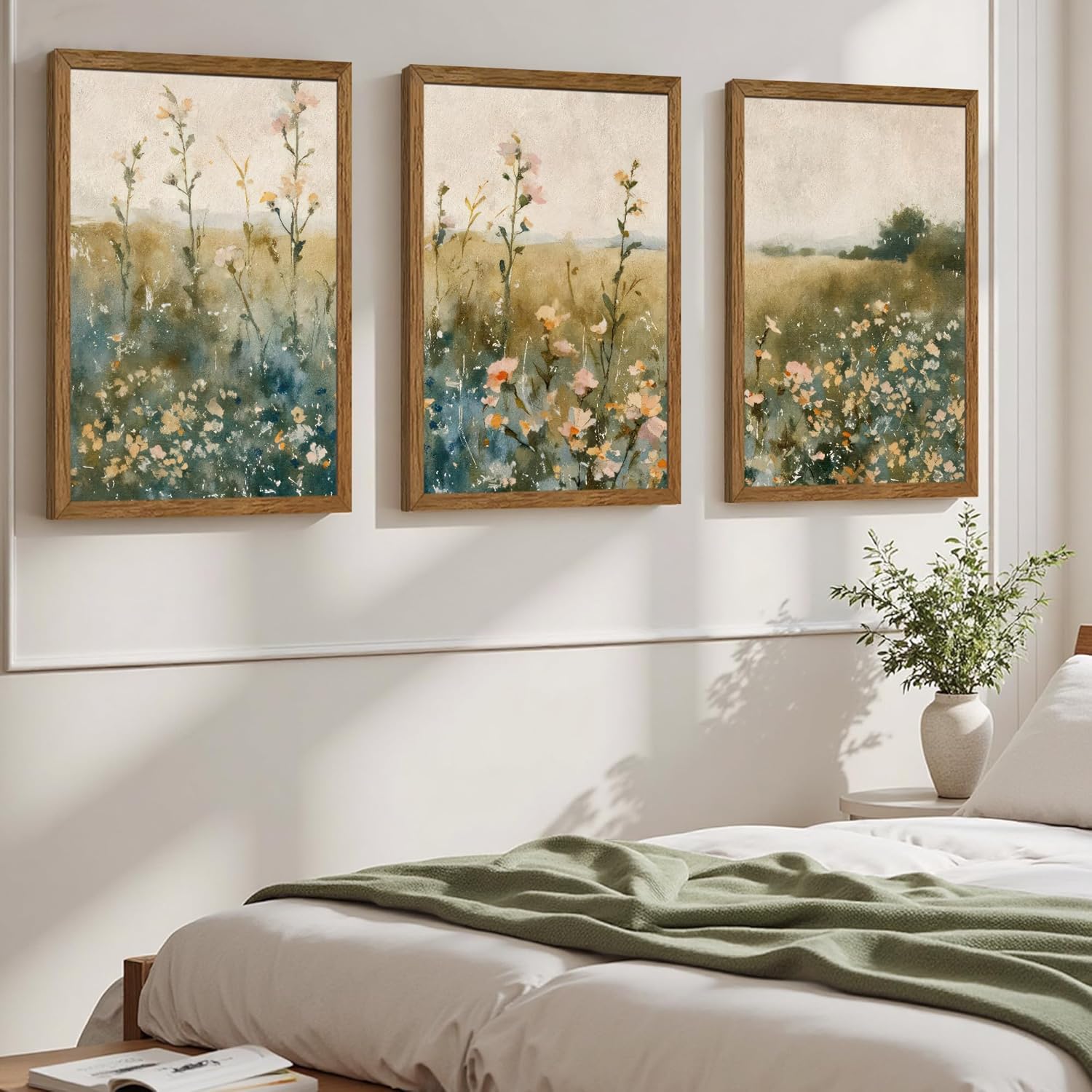 AVECCO 3 Pieces Framed Vintage Wildflower Canvas Wall Art, Nature Floral Artwork Wall Decor, Rural Botanical Art Prints for Bedroom Living Room Office Home Decoration Ready to Hang 20x30 Inch