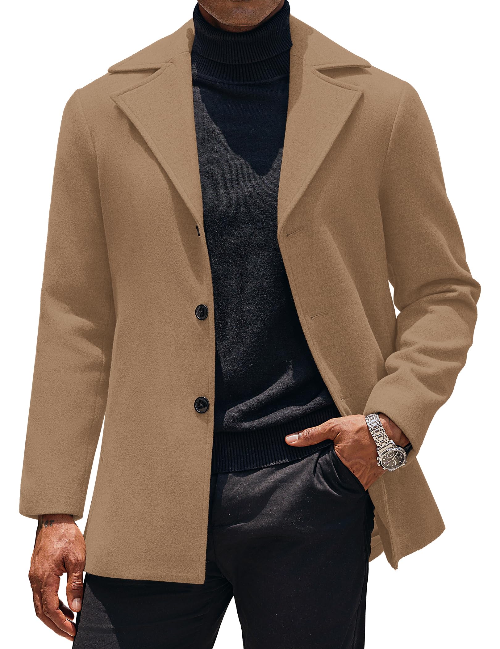 Mens Trench Coat Notched Collar Single Breasted Peacoat Winter Overcoat With Pockets