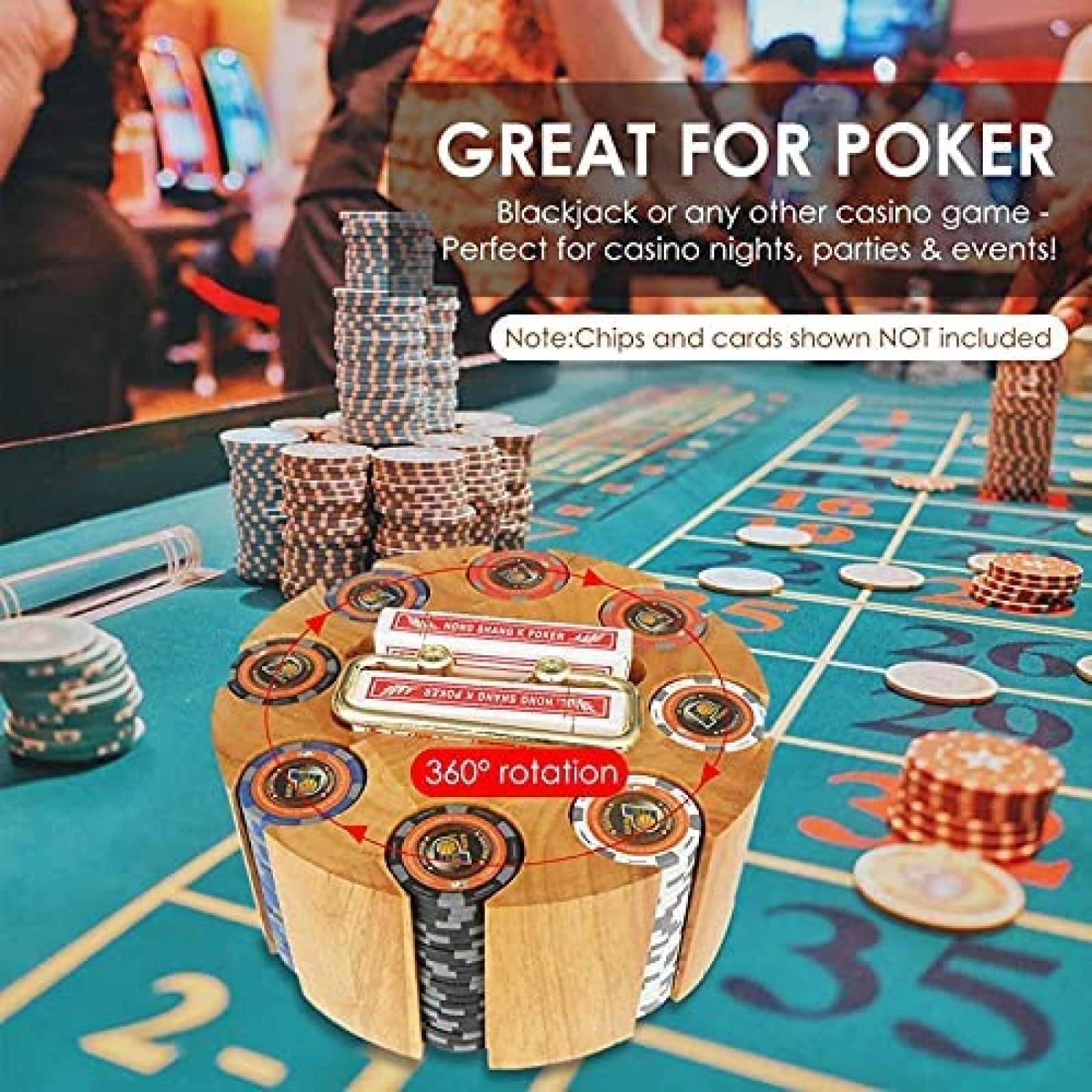 Vassoio Porta fiches da Poker con Rotazione, Set di fiches da Poker in Custodia a carosello in Legno, Accessori per Feste da Casinò per blackjack, Texas Hold'em, Giochi per Famiglie, capacit