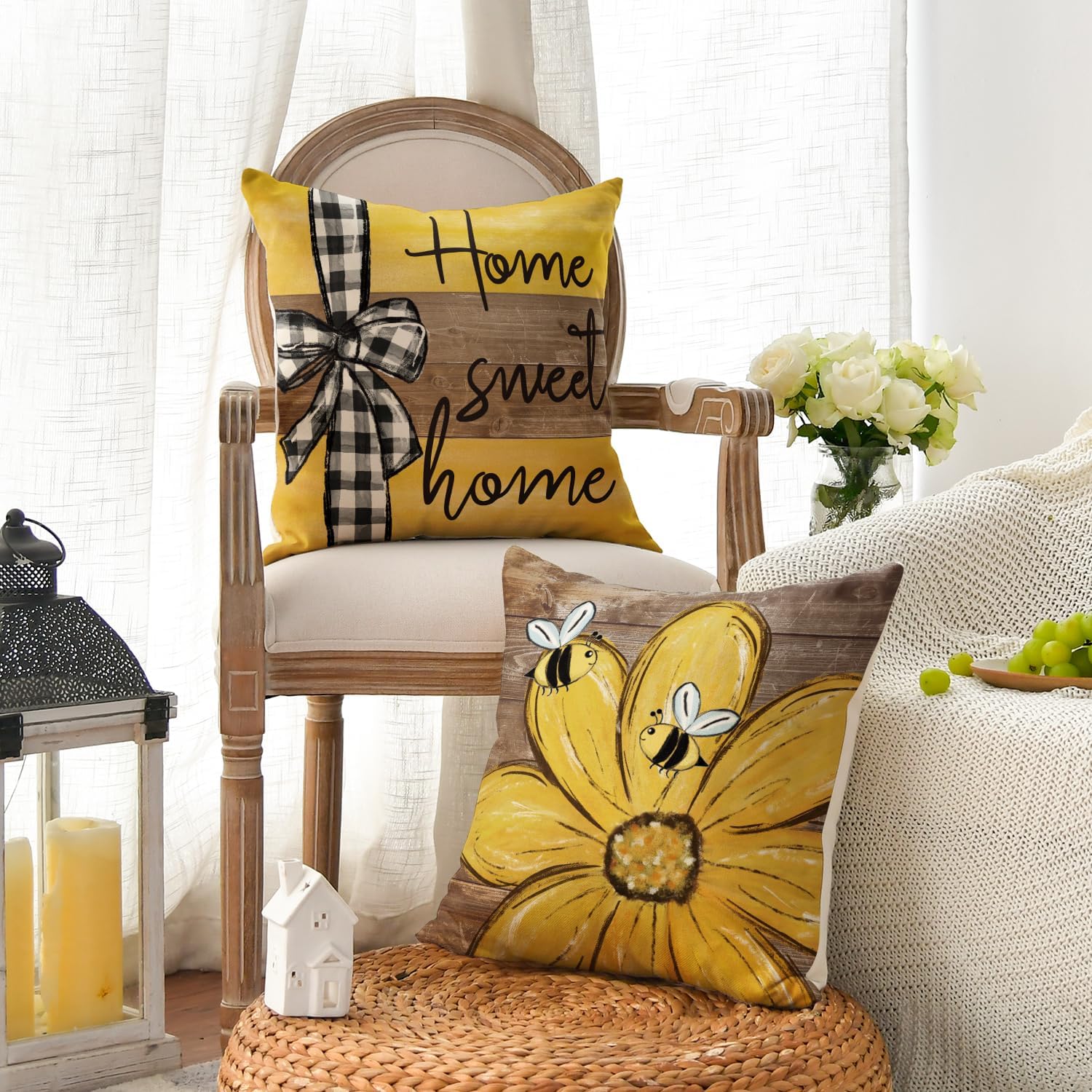 AVOIN colorlife Spring Home Sweet Home Bee Sunflower Throw Pillow Covers, 20 x 20 Inch Love Lives Here Summer Stripes Polka Dots Cushion Case for Sofa Couch Set of 4 image 3