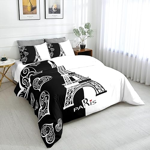 SW SETWIER Juego de funda de edredón de París, tamaño individual, juego de ropa de cama de la Torre Eiffel para niños y niñas, color negro y blanco,
