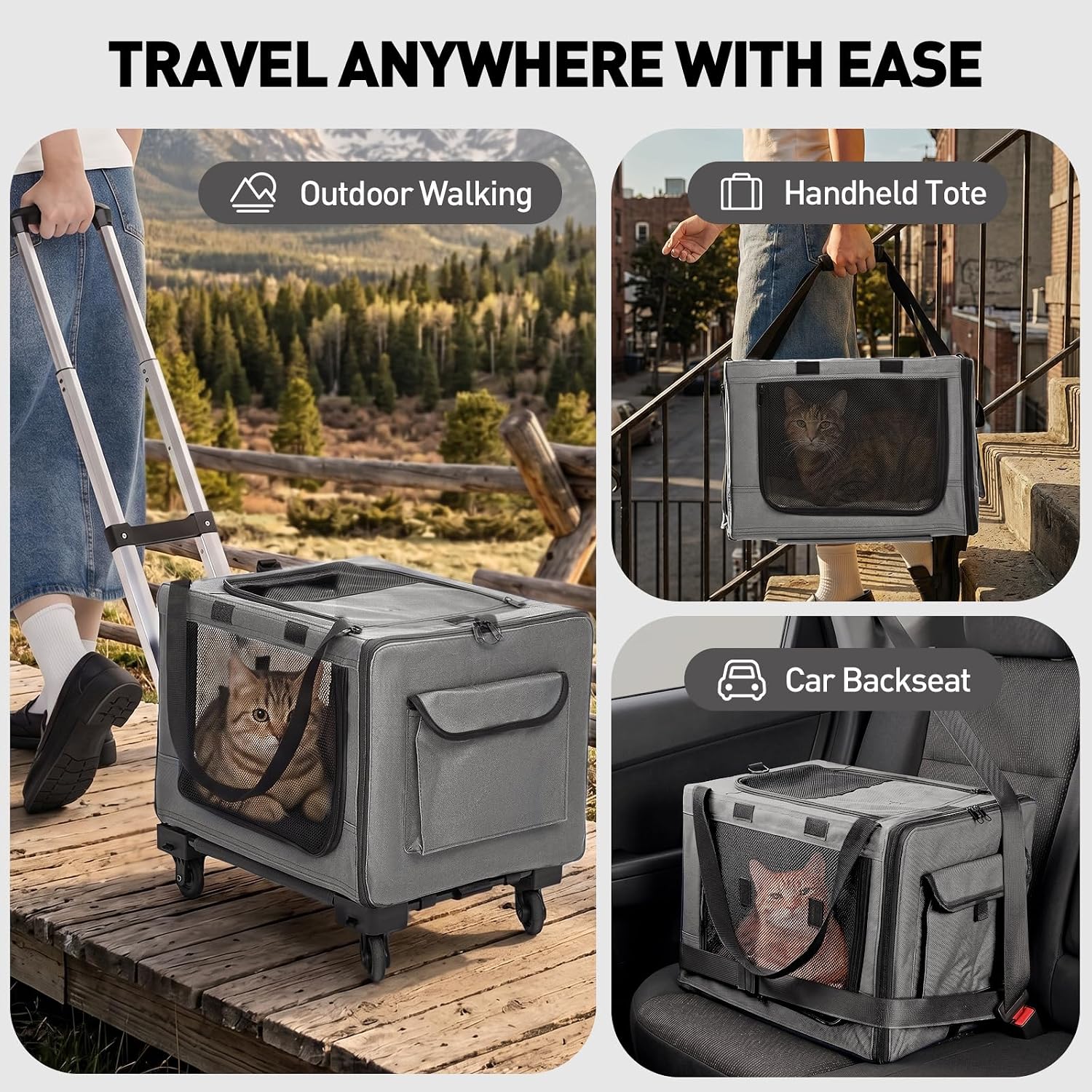 Rolling Cat Carrier with Wheels, 16.5 x 13 x 11.8 in, Light Gray | Expandable soft-sided carrier with detachable wheels, telescopic handle and breathable mesh for cats and small dogs