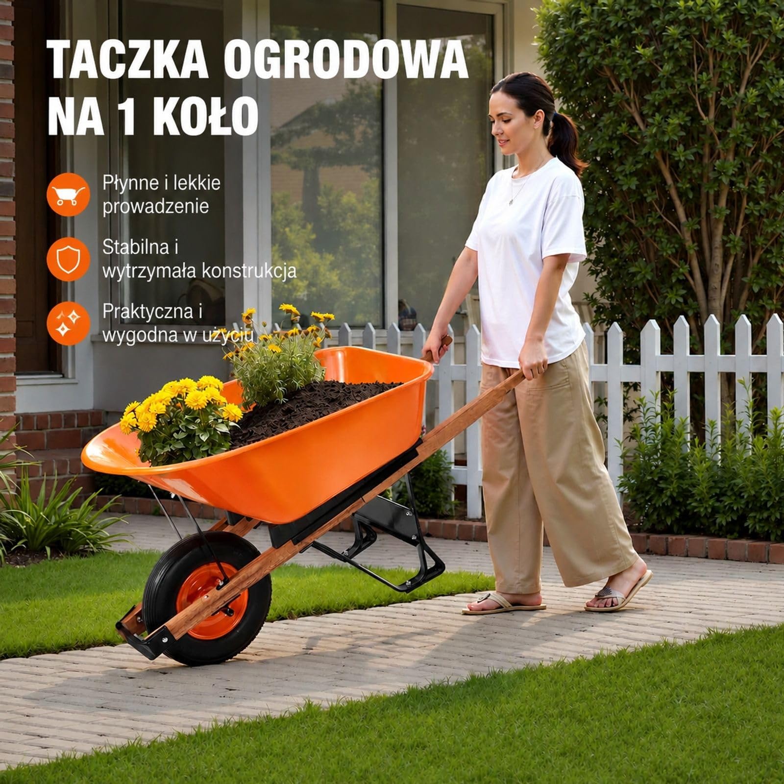 Jednokołowa taczka ogrodowa z metalowym uchwytem, żelazną konstrukcją i kołem PU, kolor pomarańczowo-czarny, do ogrodu, trawnika i gospodarstwa, udźwig 150 kg