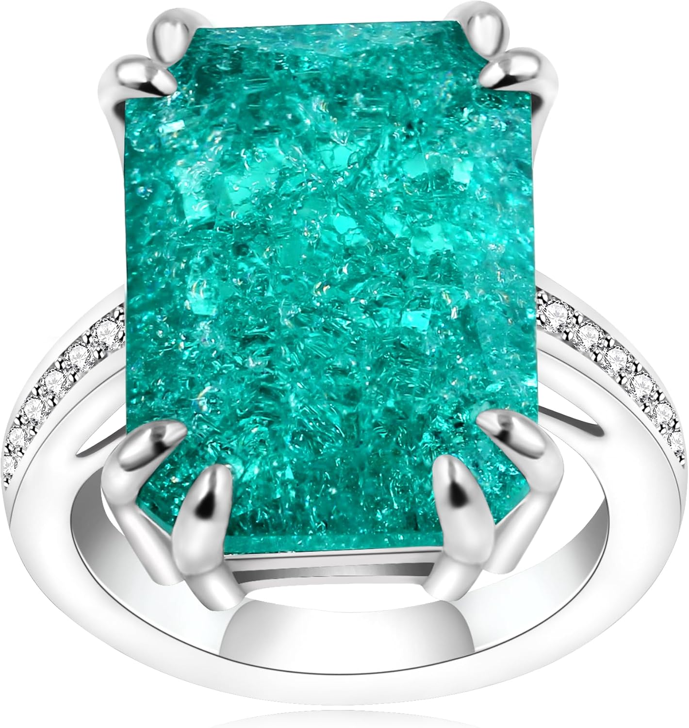 Uloveido 0.5"*0.7" Rectangle Stone Halo Index Finger Anniversary Rings for Women, Green Cubic Zirconia Imitated Paraiba Tourmaline Ring