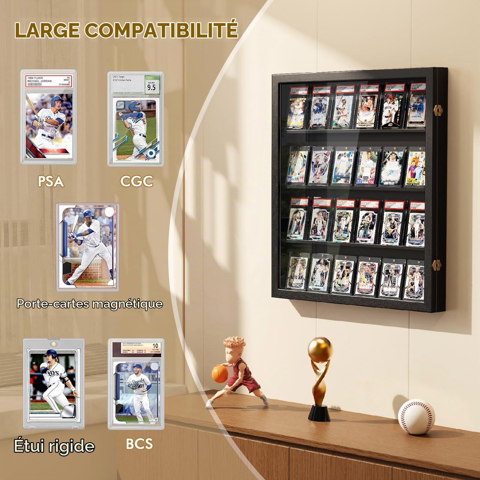 2 Pièces Présentoir Mural de Cartes, Bois Étages Présentoir de Cartes à Collectionner, Transparent HD Cadre D'affichage de la Carte pour Cartes de Baseball de Sport Classées Collection (Noir)