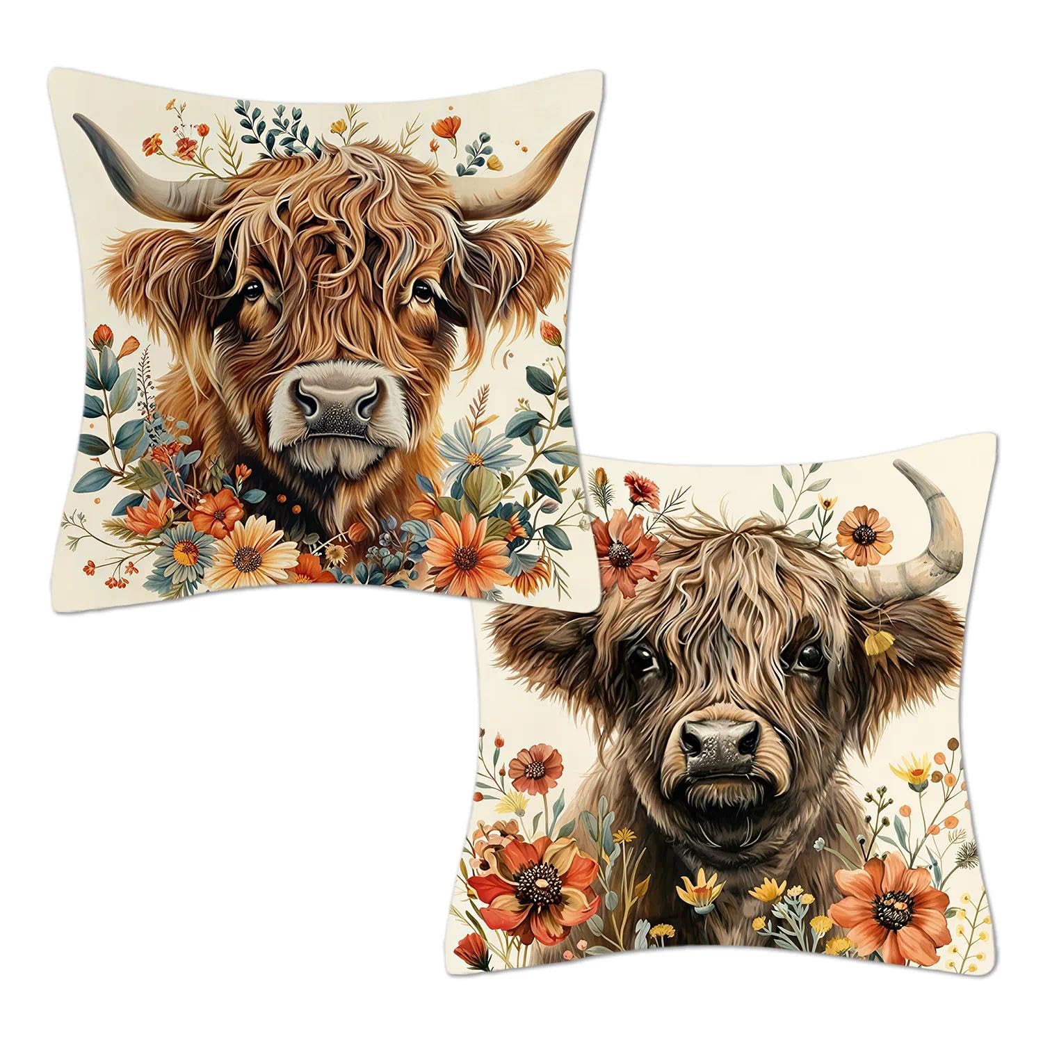 ZENITHYX 2Pcs Highland Cow Cushion Covers 45 x 45cm, Highland Cow Throw Pillow Case, Floral Cow Pillow Cover for Bed Sofa Couch Car Decor