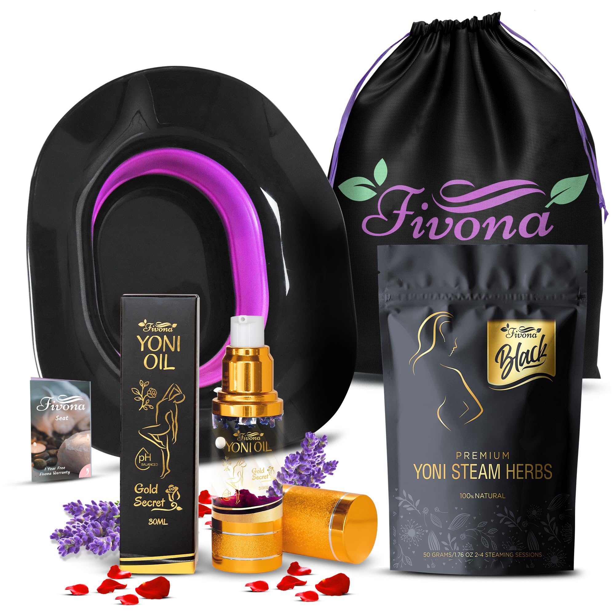 Fivona Black 4-in-1 Yoni Care Steam Kit Includes Feminine V Oil, Sitz Bath Seat, Yoni Steaming Herbs and Storage Bag - Effective Detox pH Balance Cleansing and Moisturizing