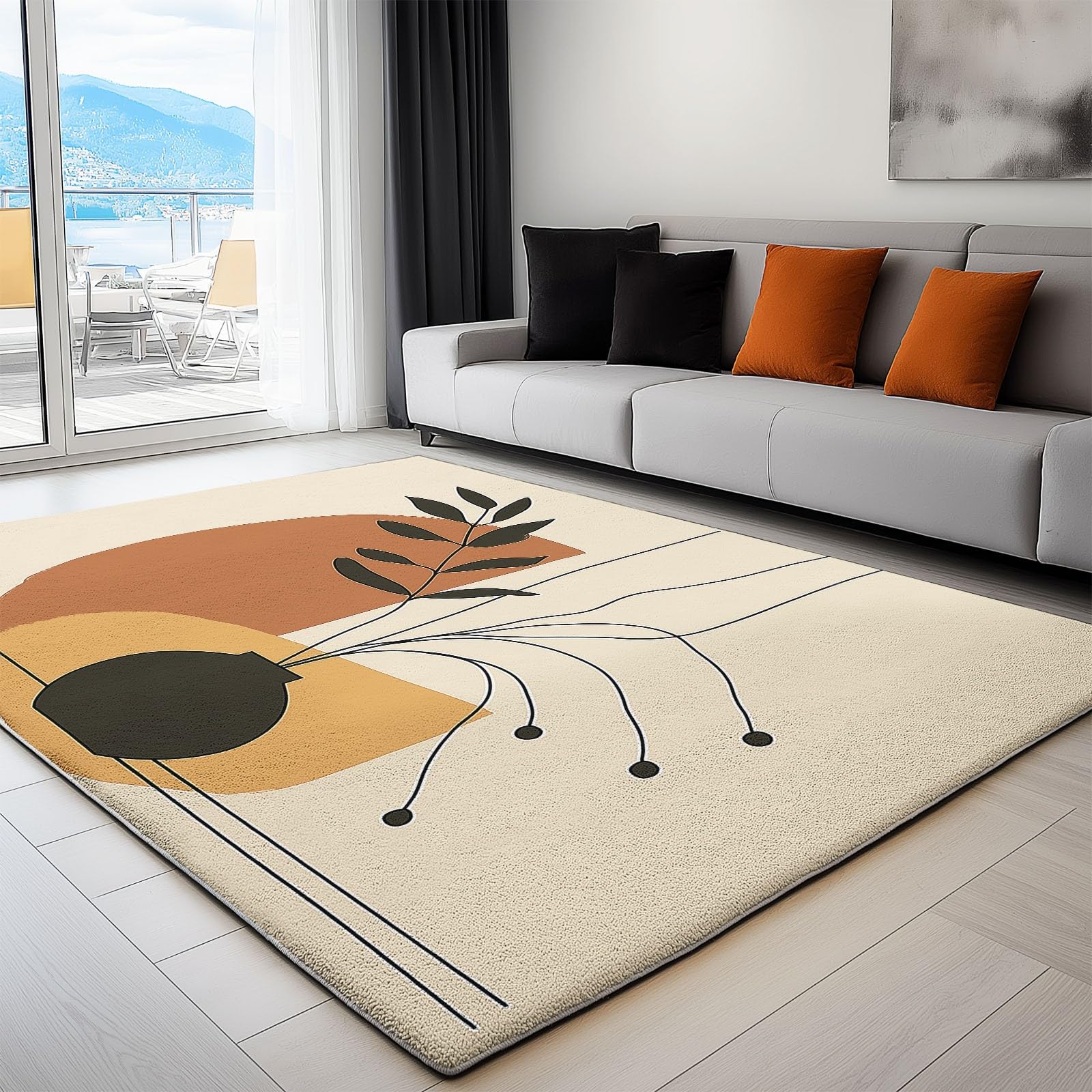 Tapis couloir lavable et antidérapant au motif vase abstrait brun foncé