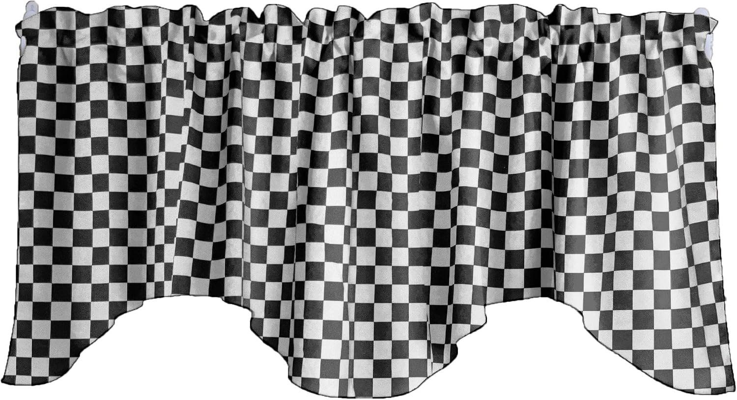 lovemyfabric Light Weight Cotton Decorative Racecar Checkerboard Print Scalloped Wave Valance Window Treatment/Window Décor (Scalloped 58" Wide / 20" Tall, Black)