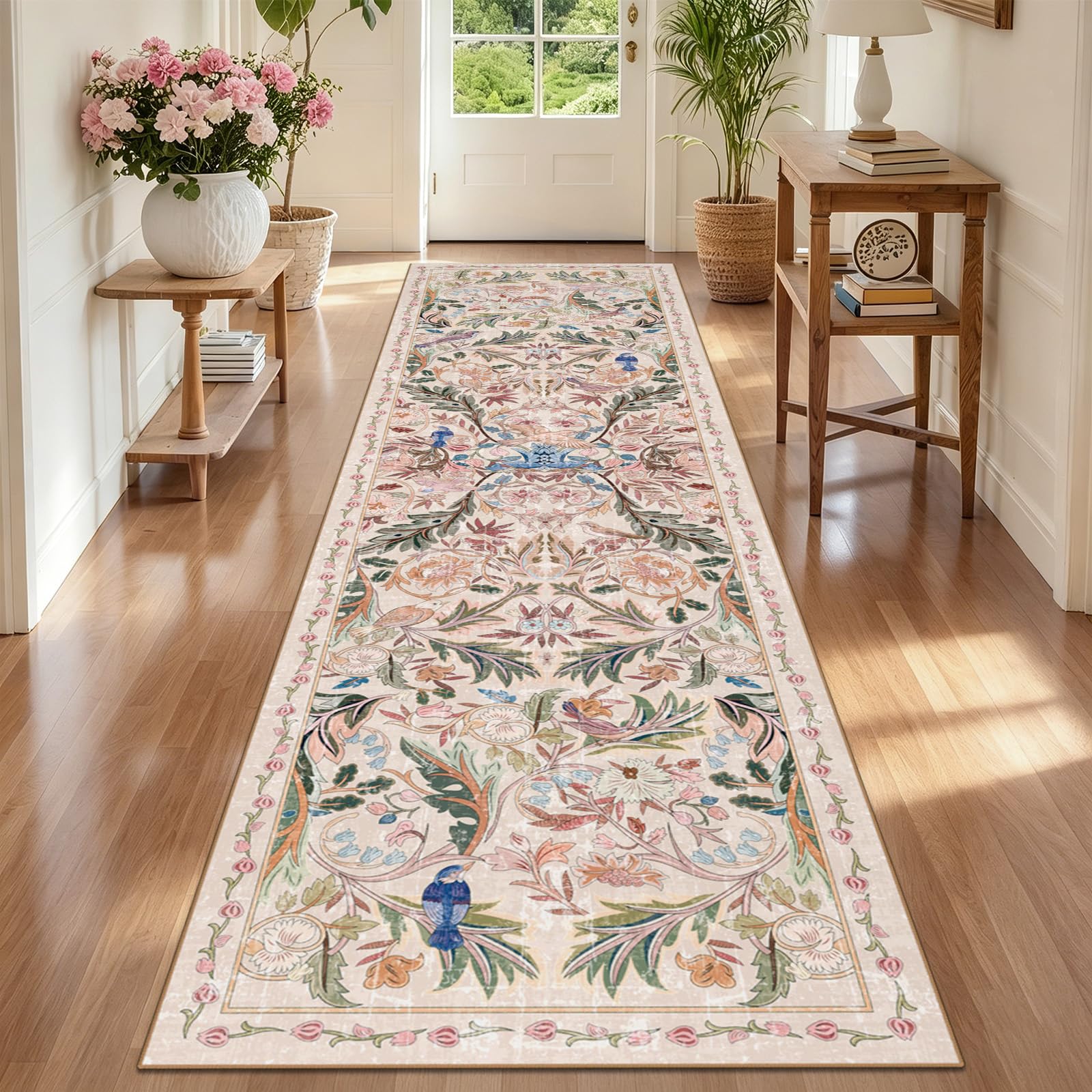 TUKDAK Vogel Teppich Läufer Flur 80x300cm, Rose Tier Küchenläufer Waschbar, Weicher Kurzflor Teppichläufer rutschfest, Vintage Waschbarer Küchenteppich Wohnzimmer Badezimmer Schlafzimmer