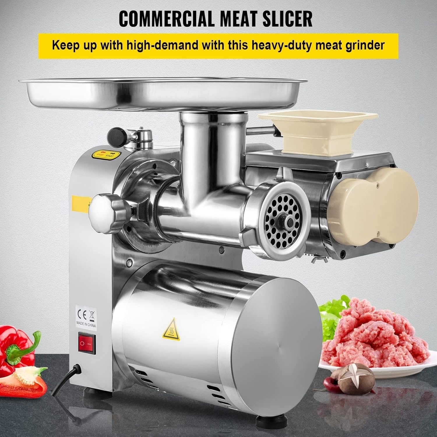The VQIGGTSS Commercial Electric Meat Grinder Slicer set up for slicing