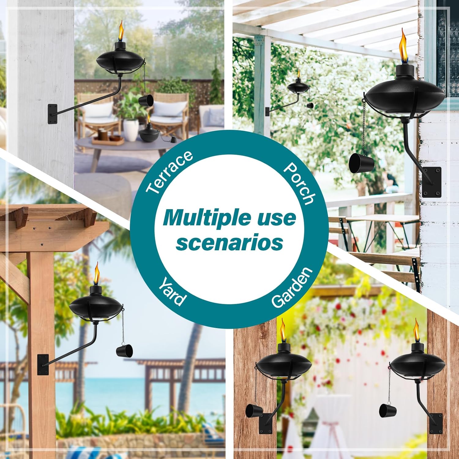 6 Pack Wall Mounted Citronella Torches, 18 oz Garden Torches for Outside, Refillable Flame Light Torch, Outdoor Metal Torch for Yard, Patio, Deck, Garden, Party, Landscape