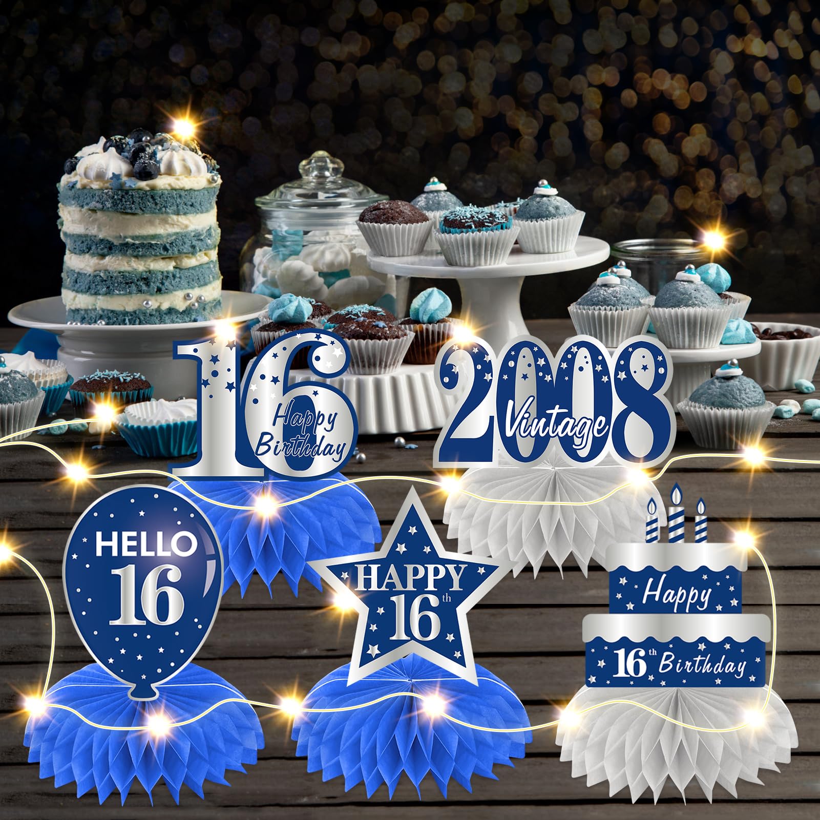 9-Piece "Cheers To 16 Years" Honeycomb Table Centerpieces - Black & Gold 16th Birthday Decorations - View #7