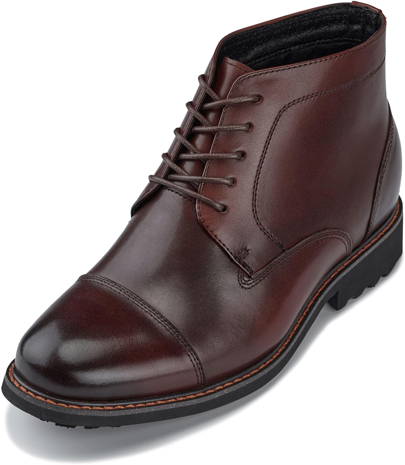 CALTO Men's Invisible Height Increasing Elevator Shoes - Dark Brown Leather Lace-up Cap-toe Boots with Inner Faux Fur - 3.2 Inches Taller - Y41081 - Size 7.5 D(M) US