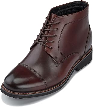 CALTO Mens Invisible Height Increasing Elevator Shoes - Dark Brown Leather Lace-up Cap-toe Boots with Inner Faux Fur - 3.2 Inches Taller - Y41081 - Size 6.5 DM US