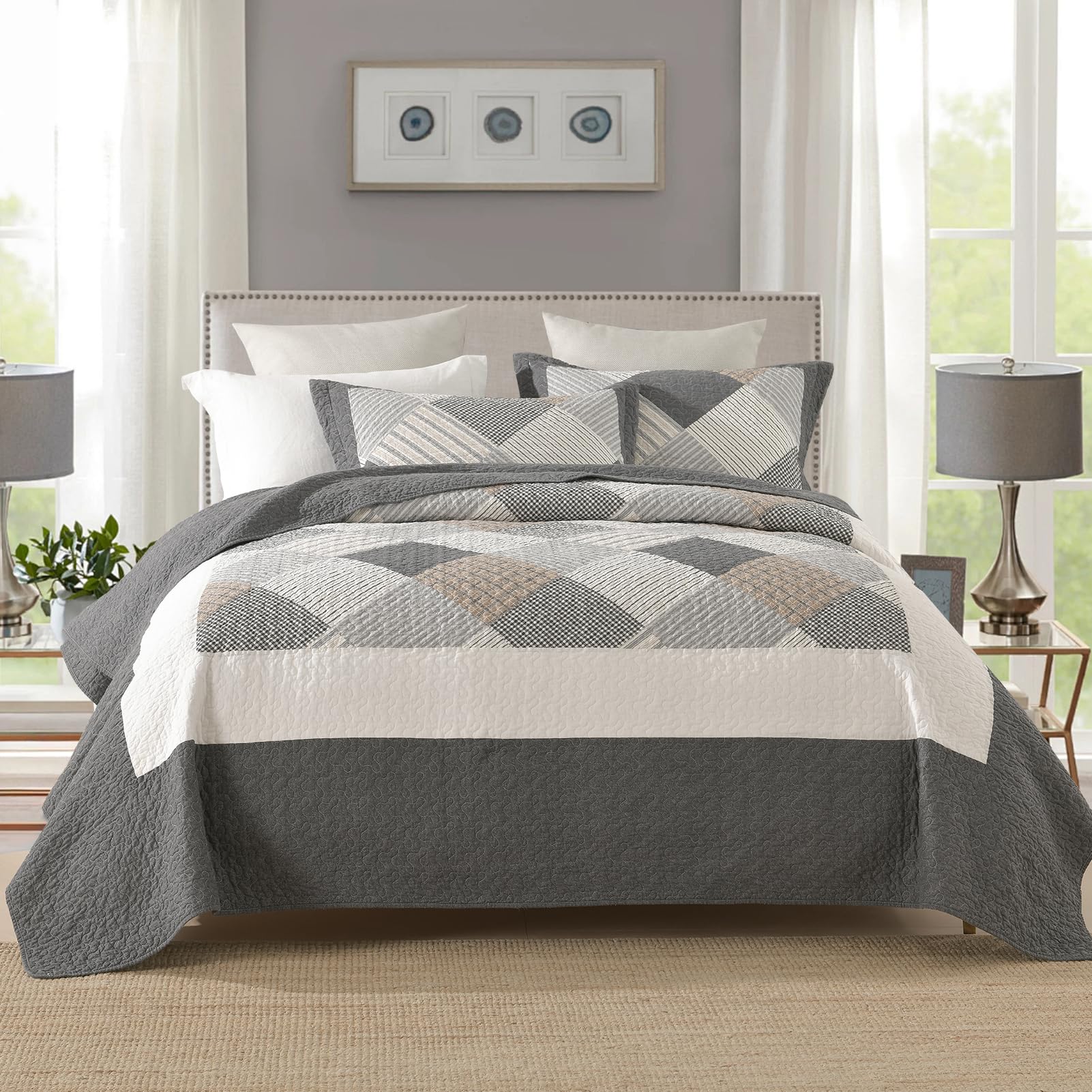 Amazon.com: Quilta 100% Cotton Farmhouse Quilt Queen Size - Soft Rustic ...