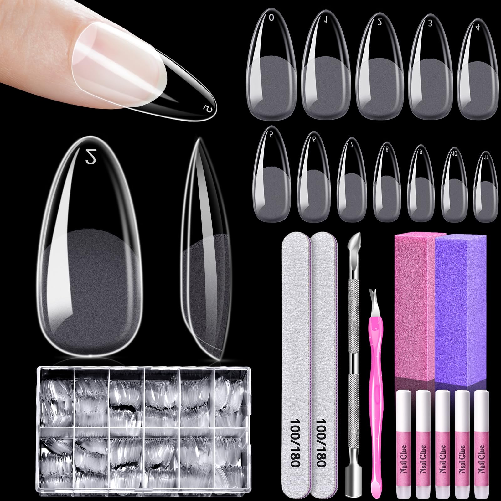 Almond Nail Tips, MORGLES 600Pcs Long-Lasting Soft Gel Nail Tips Medium Full Cover, 12 Sizes with Glue, Files and Cuticle Fork
