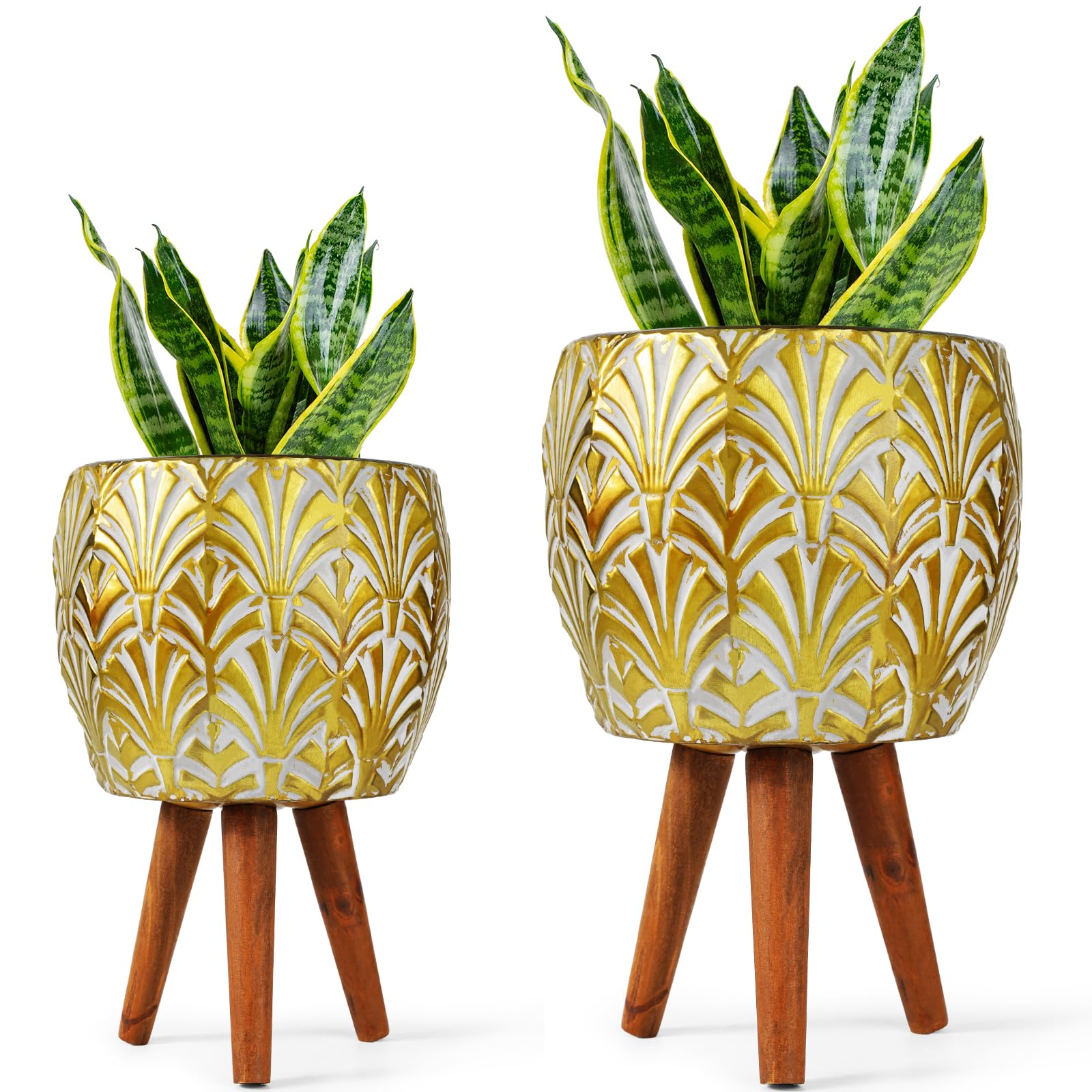 Harvest Land Plant Pots with Stand, Set of 2 Large Modern Planters Metal Tall Handmade Flower Pots with Drainage Holes Indoor Outdoor,Gold