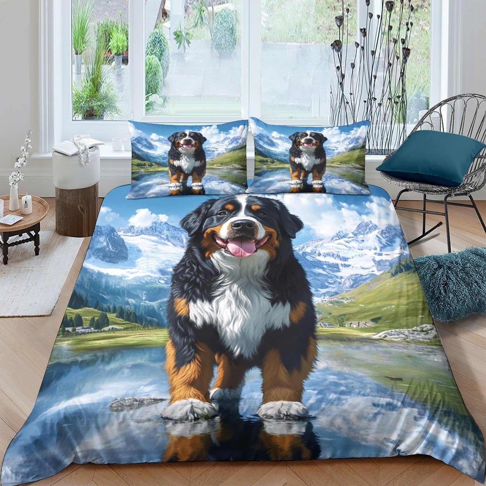 Ctjqhvkz Style-9 3D Printed Bernese Mountain Dog Fitted Sheet Microfiber Soft Scenic Landscape Mattress Cover For Bedroom Decor Protection Single（135X200cm）