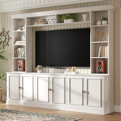 SOFTSEA 4-Piece Entertainment Center with Bookshelves for TVs up to 70", Modern Wall Unit TV Stand with 6 Doors & Adjustable Shelves, Rustic Large Media Console for Living Room, White