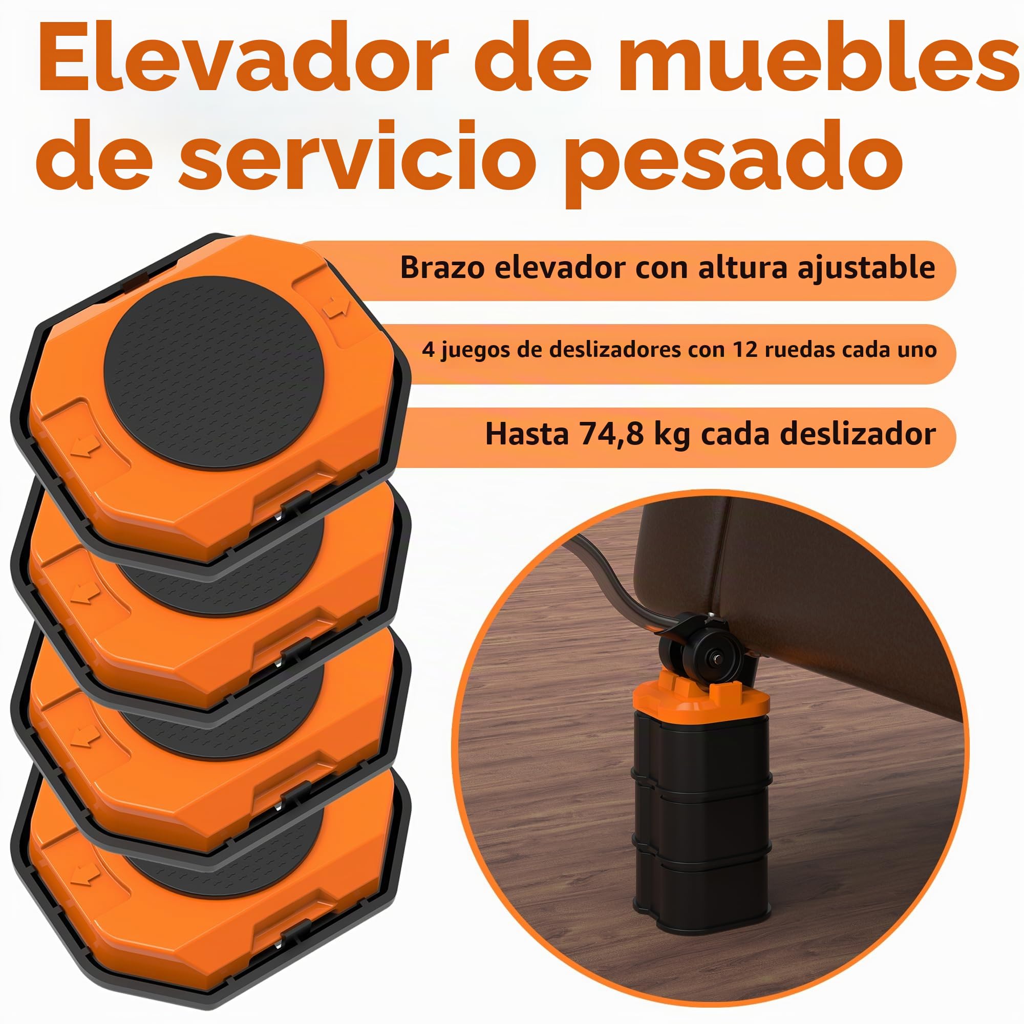 El Innovador Elevador y Deslizador de Muebles para Muebles Pesados, con Control de Altura, Mueve Fácilmente Objetos Pesados en Pisos de Madera y Alfombras (Naranja)