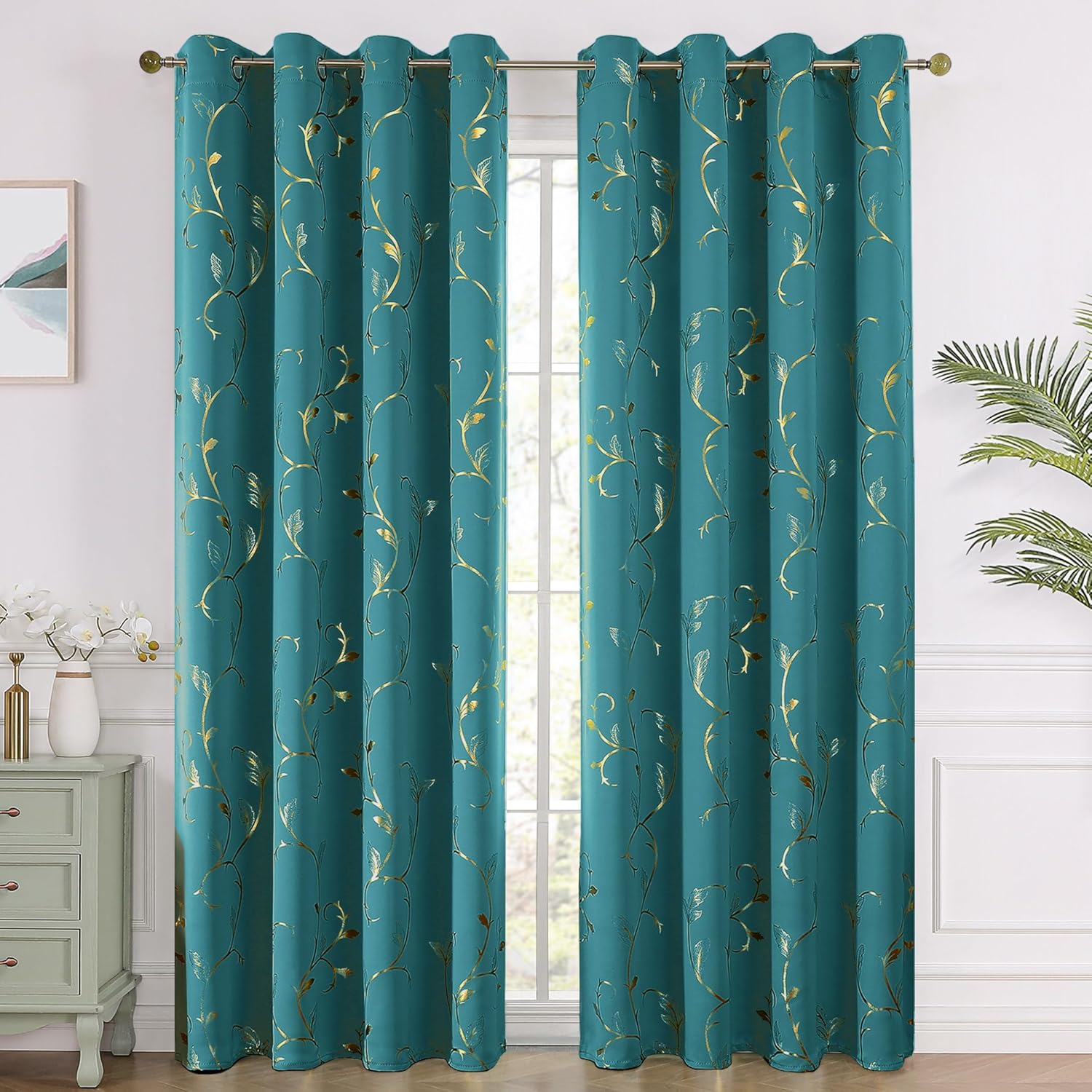 BUHUA Blackout Curtain 2 Panel Set Gold Vine Foil Print Thermal Insulated Drapes Room Darkening Curtains Grommet Window Treatment, 52 x 84 Inch, Teal Blue