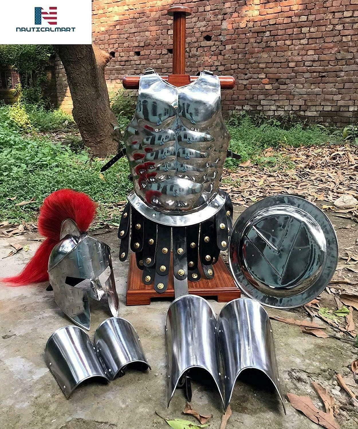 Medieval Roman King Leonidas 300 Spartan Helmet W/Red Plume + Muscle Body Armor Cuirass + Shield + Leg Or Arm Guard Silver Halloween Costume LARP Custom Size