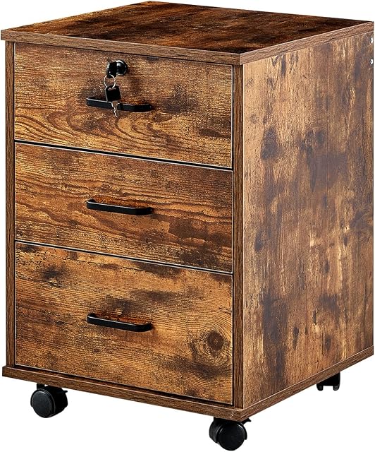 OFCASA Mobile File Cabinet with Lock 3 Drawers Office Rolling Cabinet with Wheels Industrial Wood Storage Filing Cabinet for Home Office 40 x 40 x 55cm