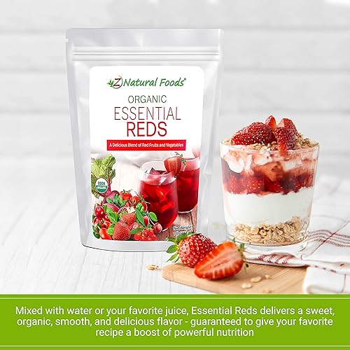 Miniatura 7 de Z Natural Foods Rojos esenciales orgánicos, jugo en polvo orgánico, súper mezcla de 10 frutas y verduras rojas, batido en polvo de superalimentos,