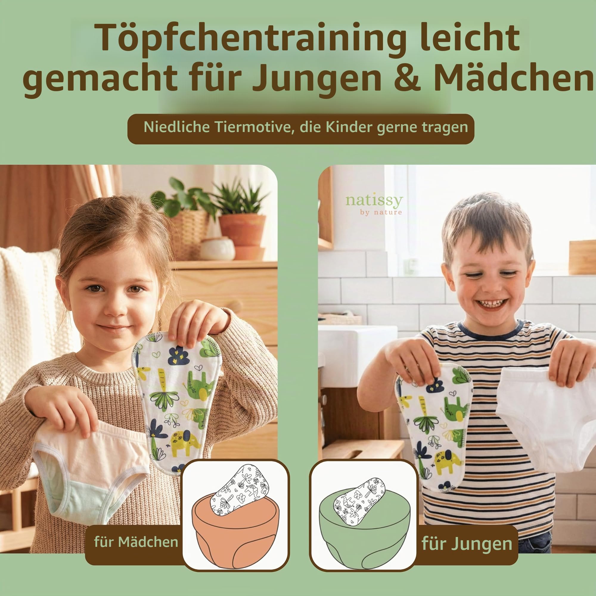 Natissy Waschbare Töpfchentraining Einlagen für Kleinkinder, Waschbar, Weich, Saugfähig, Auslaufsicher und Wiederverwendbar aus Bio-Baumwolle - 8er-Set Daily Fit - Made in EU