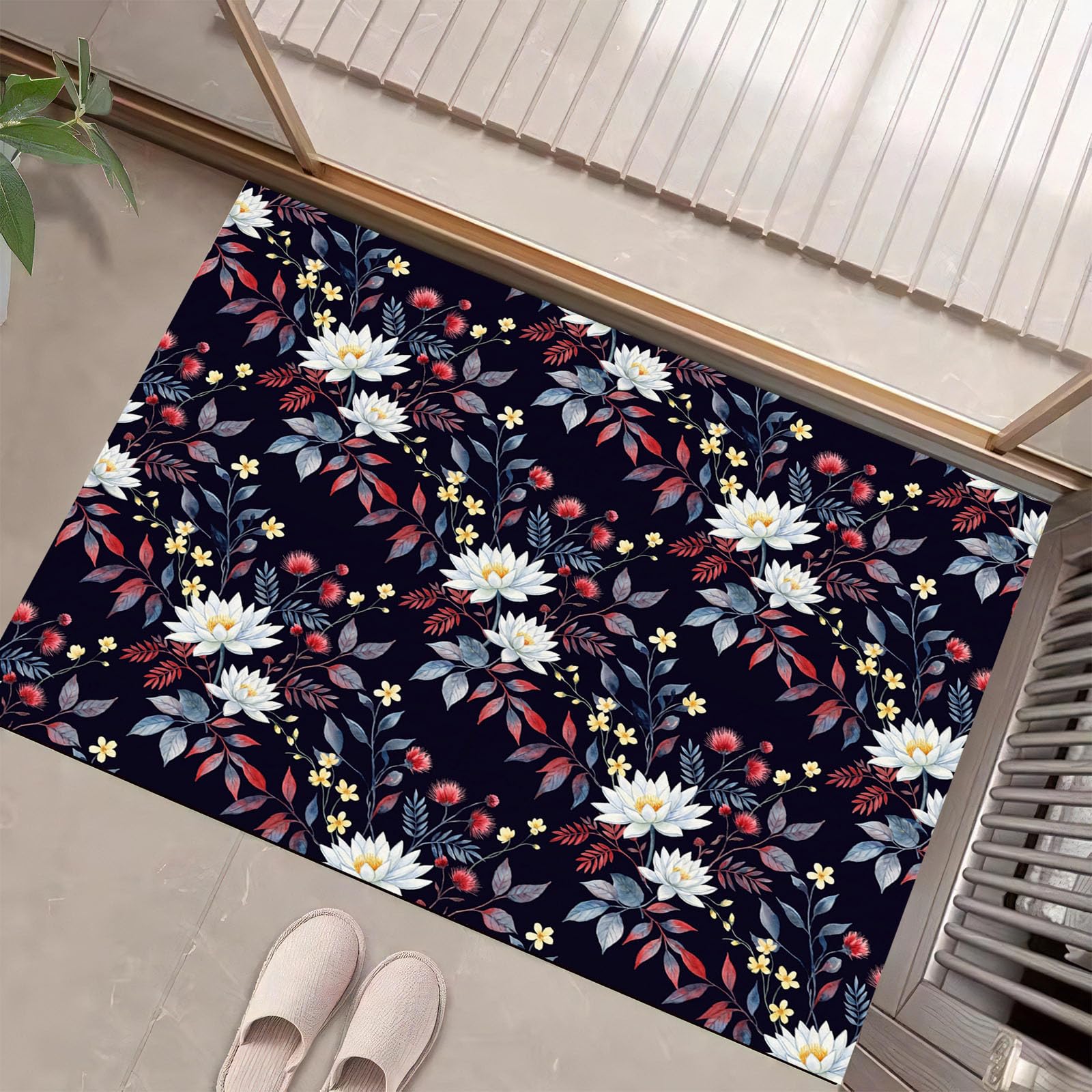 Bleu Foncé Fleurs Aquarellespaillasson Durable Et Antidérapant Retient L’Eau Et Les Saletés Facile À Nettoyerpaillasson Interieur80X120 Cm Tapis D'Entrée Antidérapant